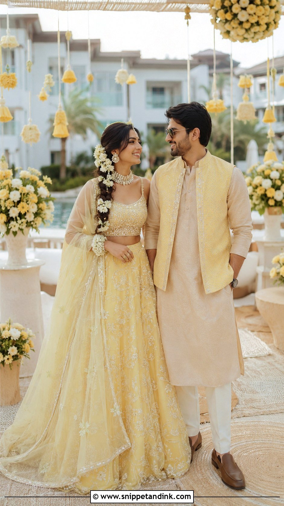 Pastel Yellow Lehenga And Beige Kurta Haldi Couple Outfit - Snippet and Ink - 25 Haldi Couple Outfits