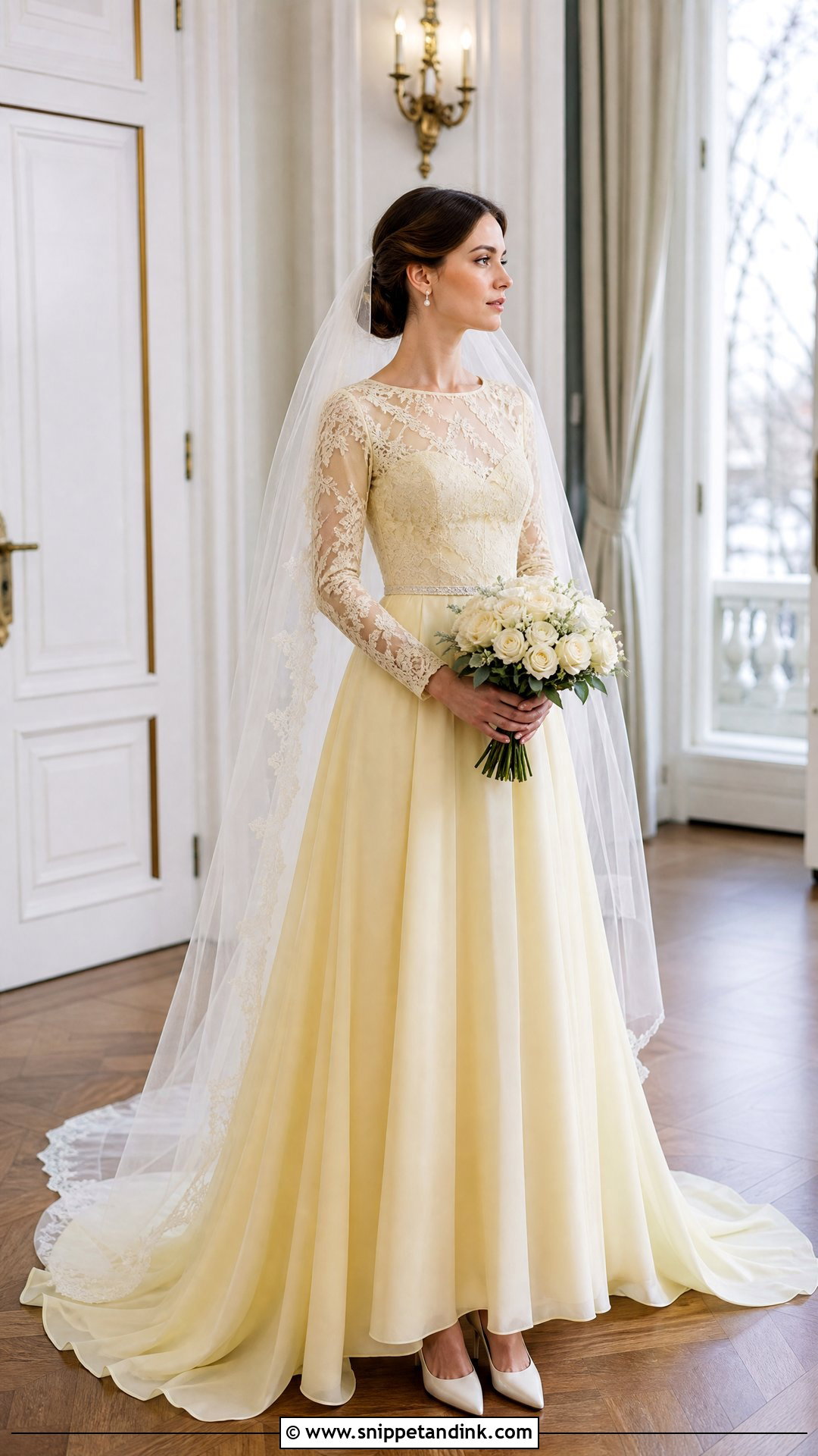 Pastel Yellow Long Sleeve Bridal Dress - Snippet and Ink - 20 Yellow Bridal Dress Ideas