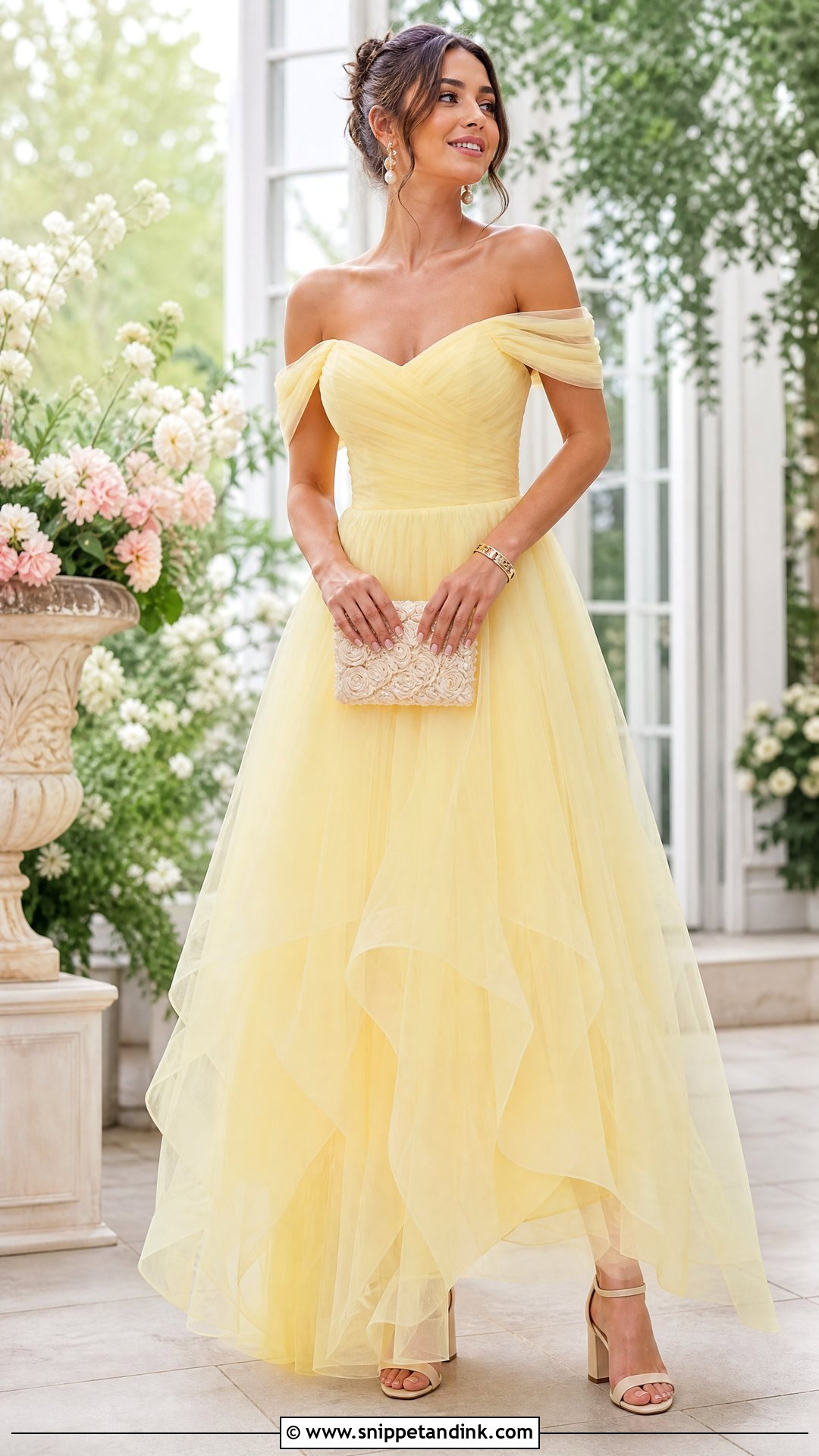 Pastel Yellow Off Shoulder Tulle Gown - Snippet and Ink - 20 Pastel Yellow Gown Ideas