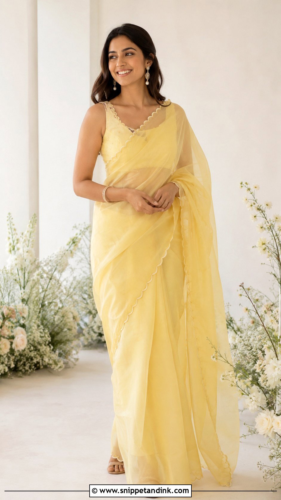 Pastel Yellow Organza Saree For Haldi - Snippet and Ink - 25 Haldi Ceremony Dress Ideas