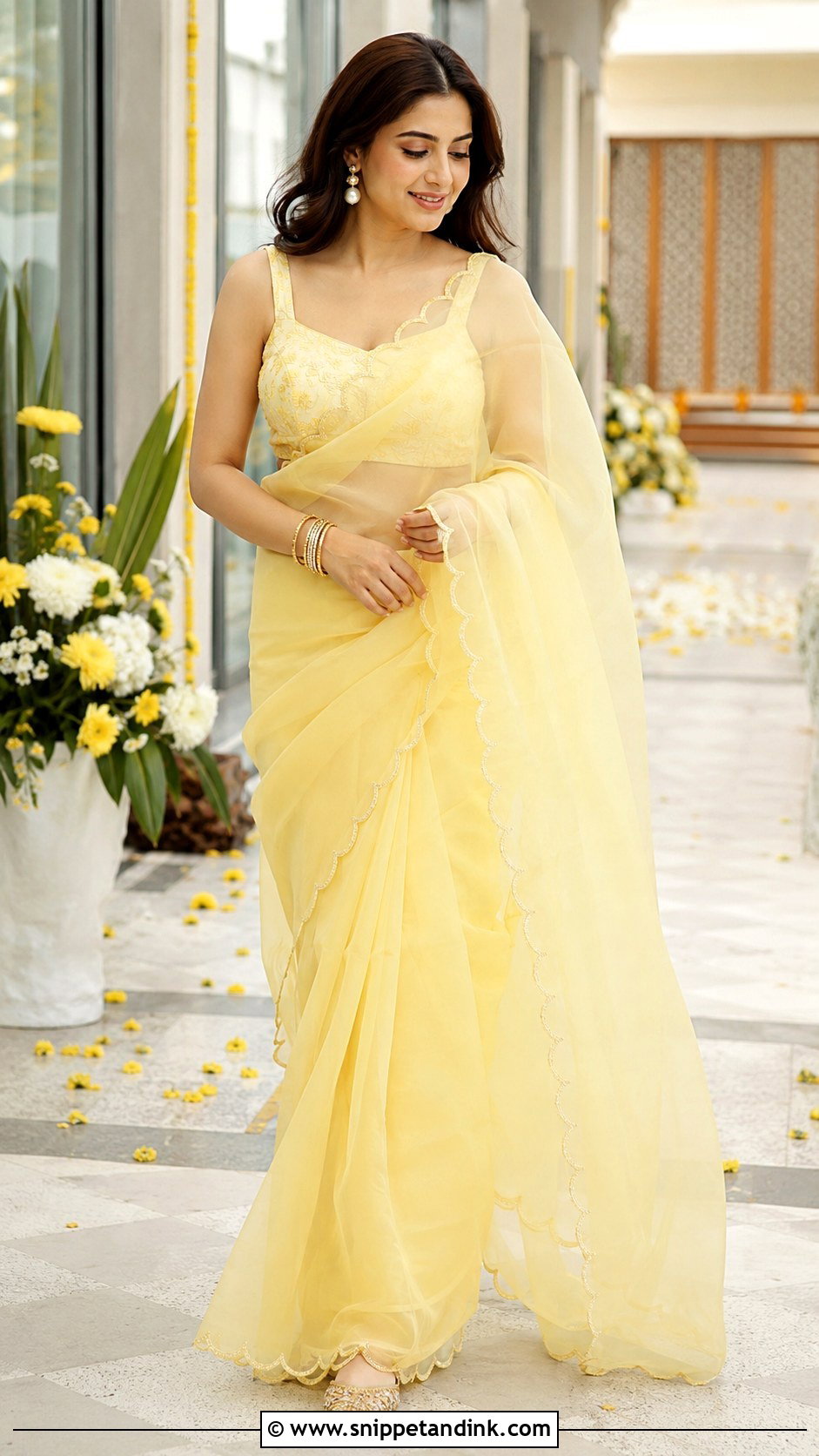 Pastel Yellow Organza Saree For Haldi - Snippet and Ink - 25 Haldi Dress for Bride Sister Ideas