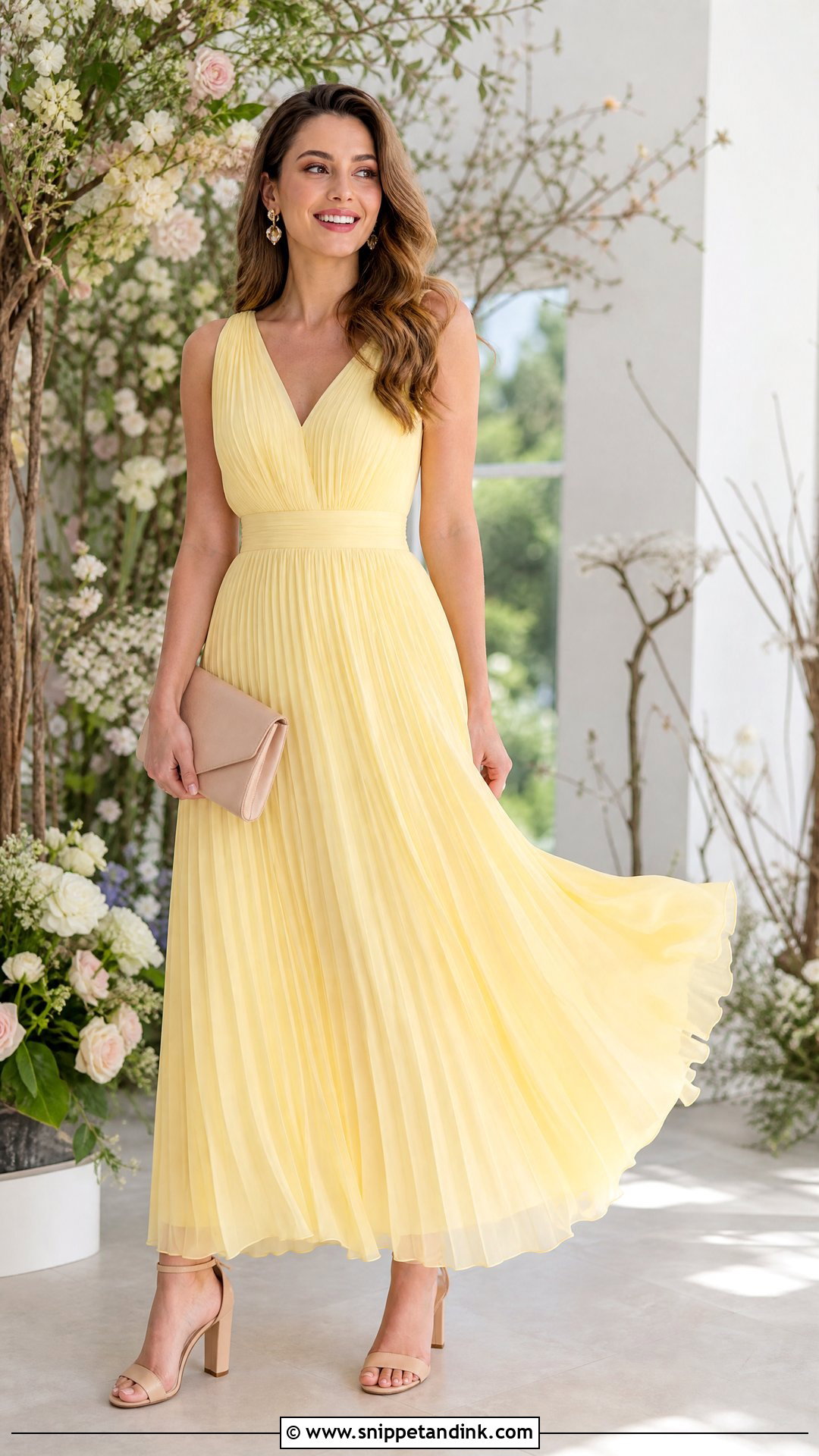 Pastel Yellow Pleated Chiffon Gown - Snippet and Ink - 20 Pastel Yellow Gown Ideas