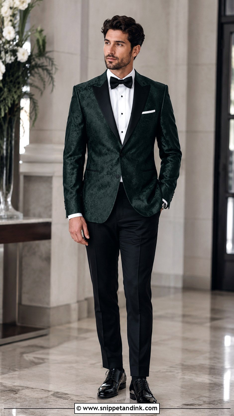 Patterned Dark Green Tuxedo Jacket With Black Trousers - Snippet and Ink - 20 Dark Green Tuxedo Wedding Ideas