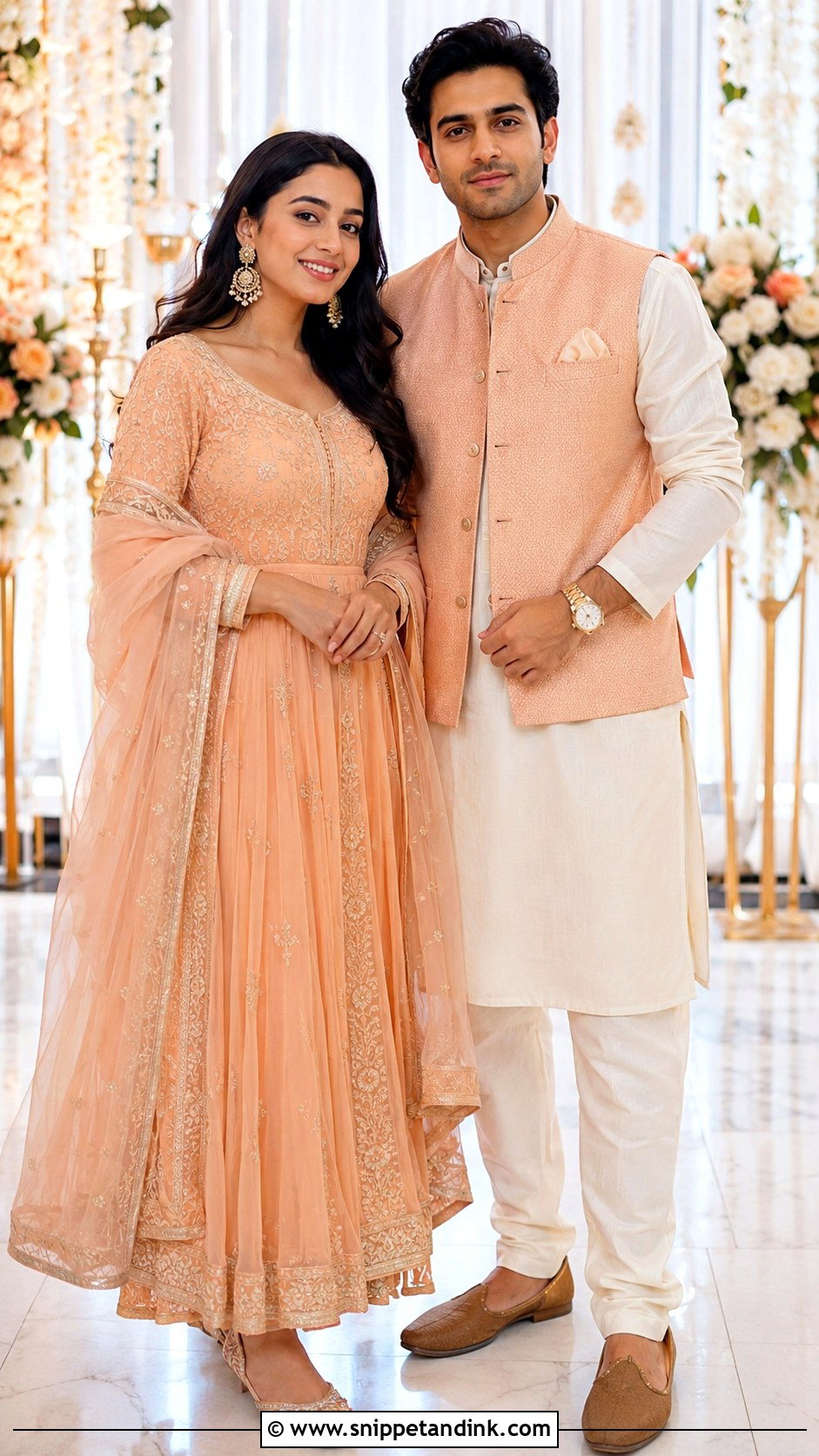 Peach Anarkali And Ivory Kurta Pajama - Snippet and Ink - 20 Couple Matching Outfits Indian Wedding
