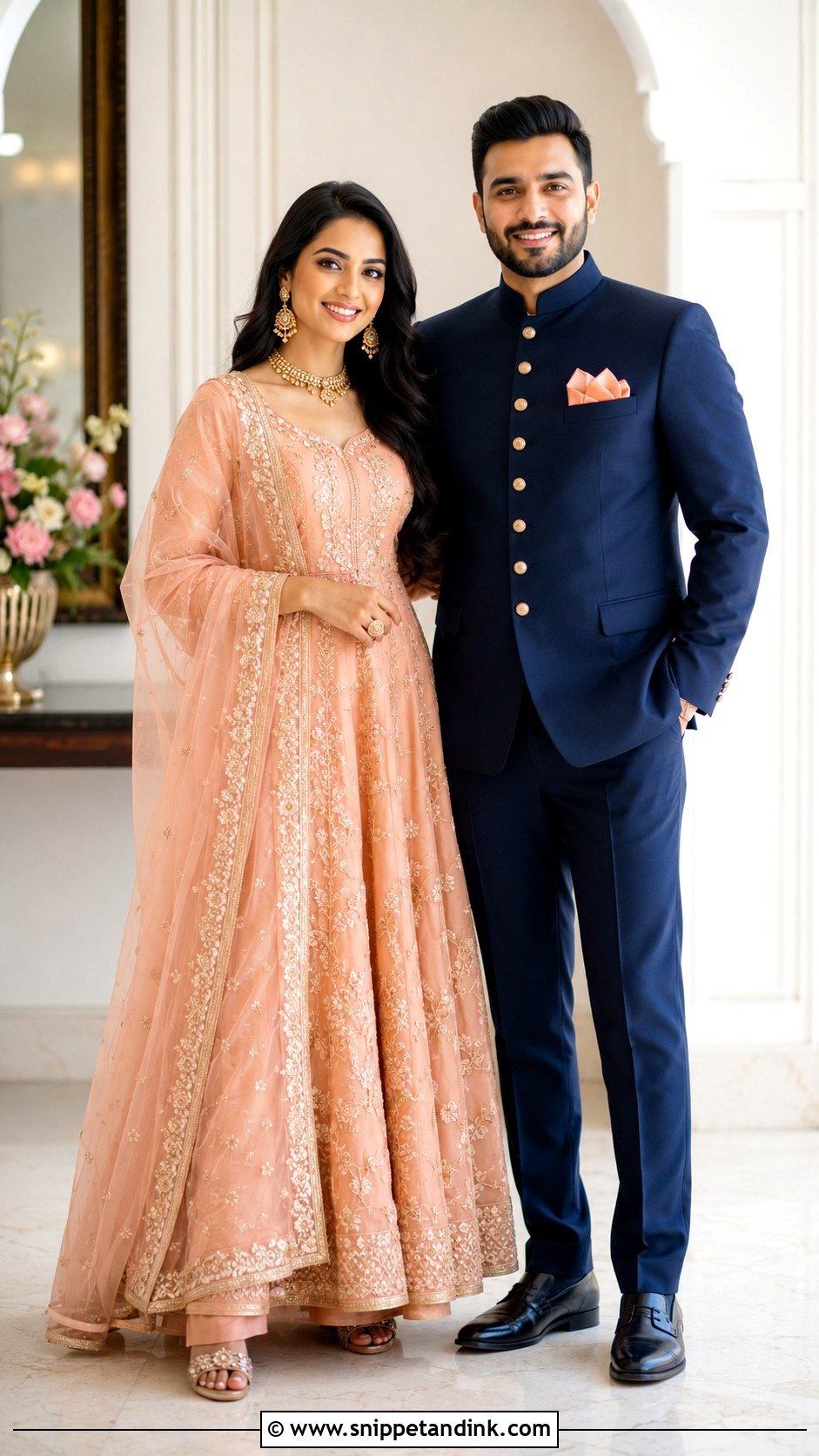 Peach Anarkali And Navy Bandhgala Wedding Outfit - Snippet and Ink - 25 Couple Contrast Outfits for Wedding