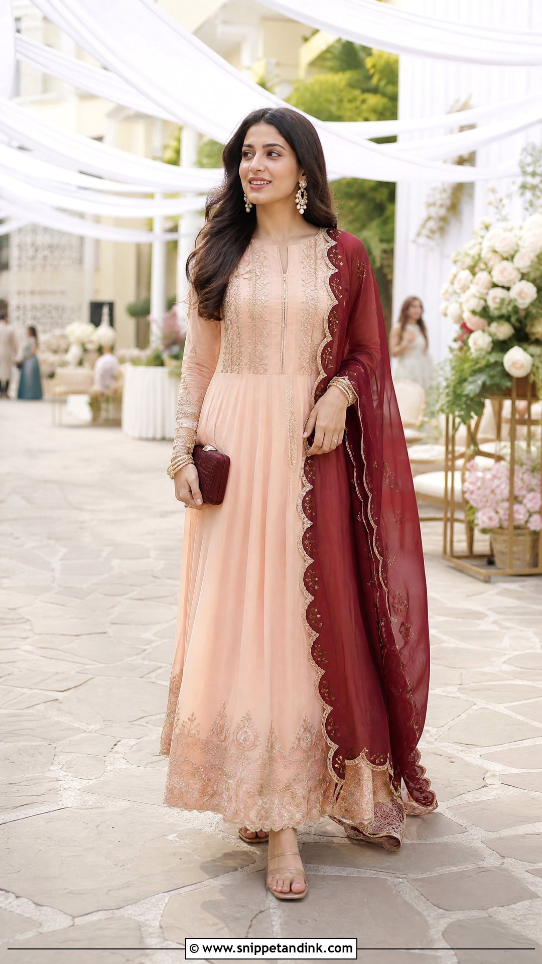 Peach Anarkali With Maroon Dupatta - Snippet and Ink - 20 Maroon Dupatta Combination Ideas