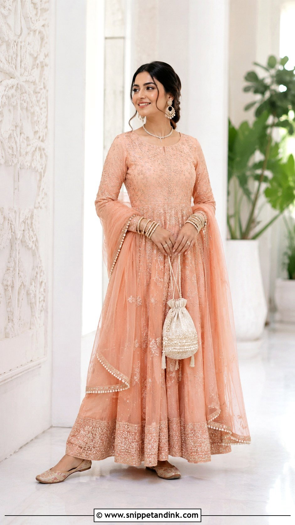 Peach Anarkali With Pearl Kundan Bangles - Snippet and Ink - 20 Bridal Bengal Set Ideas