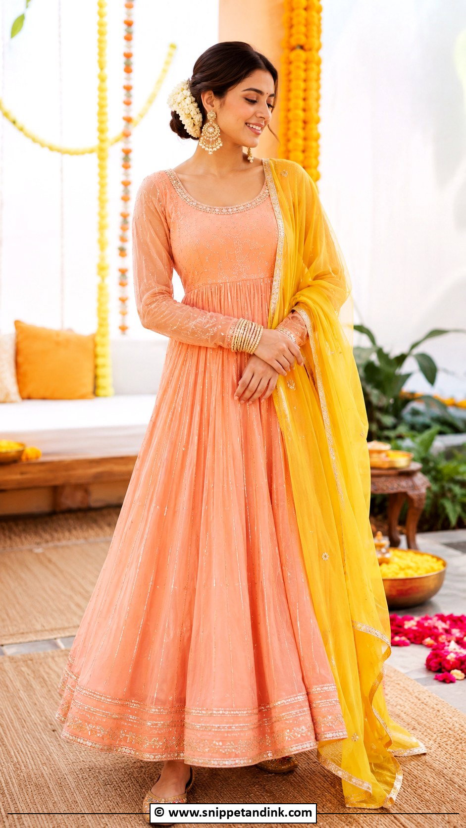 Peach Anarkali With Yellow Dupatta For Haldi - Snippet and Ink - 30 Indian Haldi Ceremony Outfit for Sister Ideas