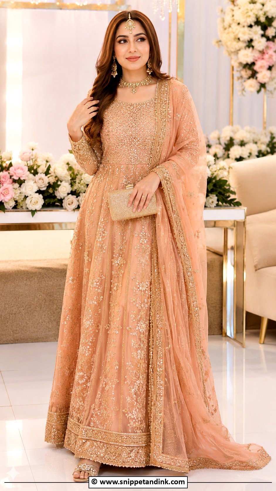 Peach And Gold Walima Maxi For Bride - Snippet and Ink - 30 Walima Outfits for Bride