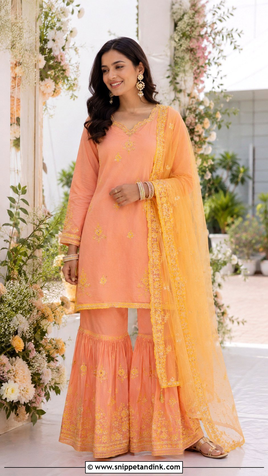 Peach And Yellow Haldi Outfit - Snippet and Ink - 25 Outfit for Haldi Function Ideas