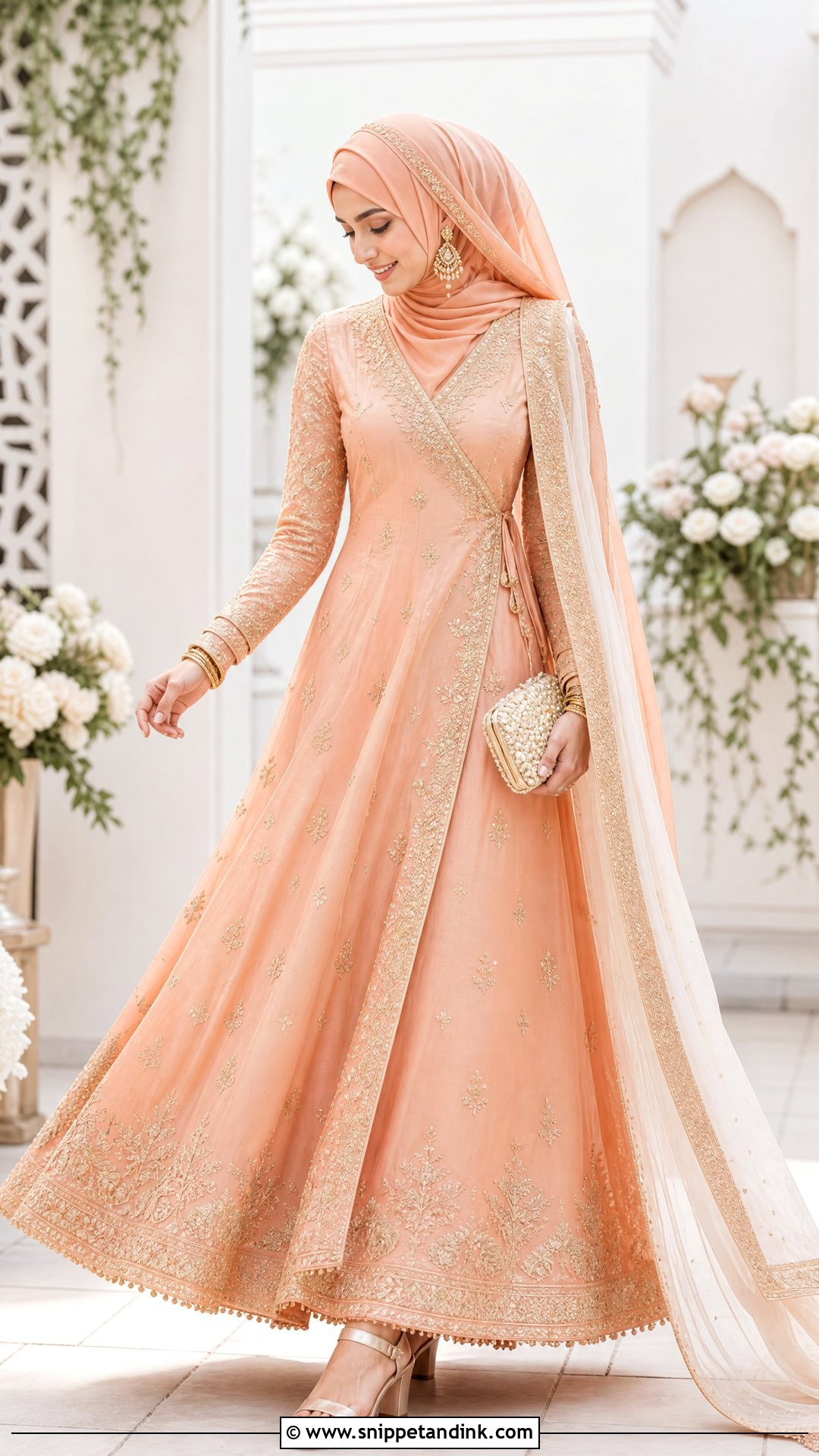 Peach Angrakha Hijab Dulhan Look - Snippet and Ink - 20 Hijab Dulhan Ideas