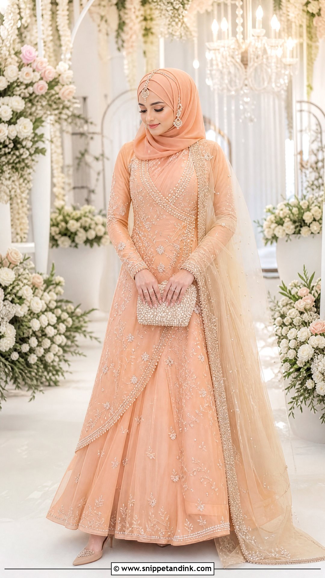 Peach Angrakha Lehenga Hijabi Pakistani Bride - Snippet and Ink - 20 Hijabi Pakistani Bride Ideas
