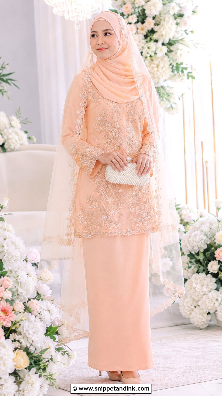 Peach Baju Kurung With Veil - Snippet and Ink - 30 Malay Wedding Dress Ideas