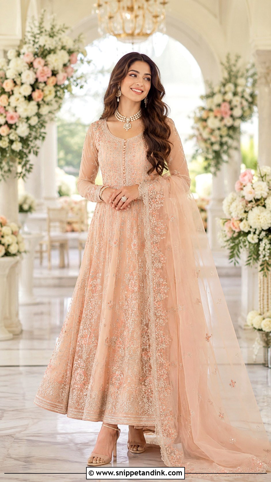 Peach Bridal Anarkali Suit With Organza Dupatta - Snippet and Ink - 25 Bridal Anarkali Suits