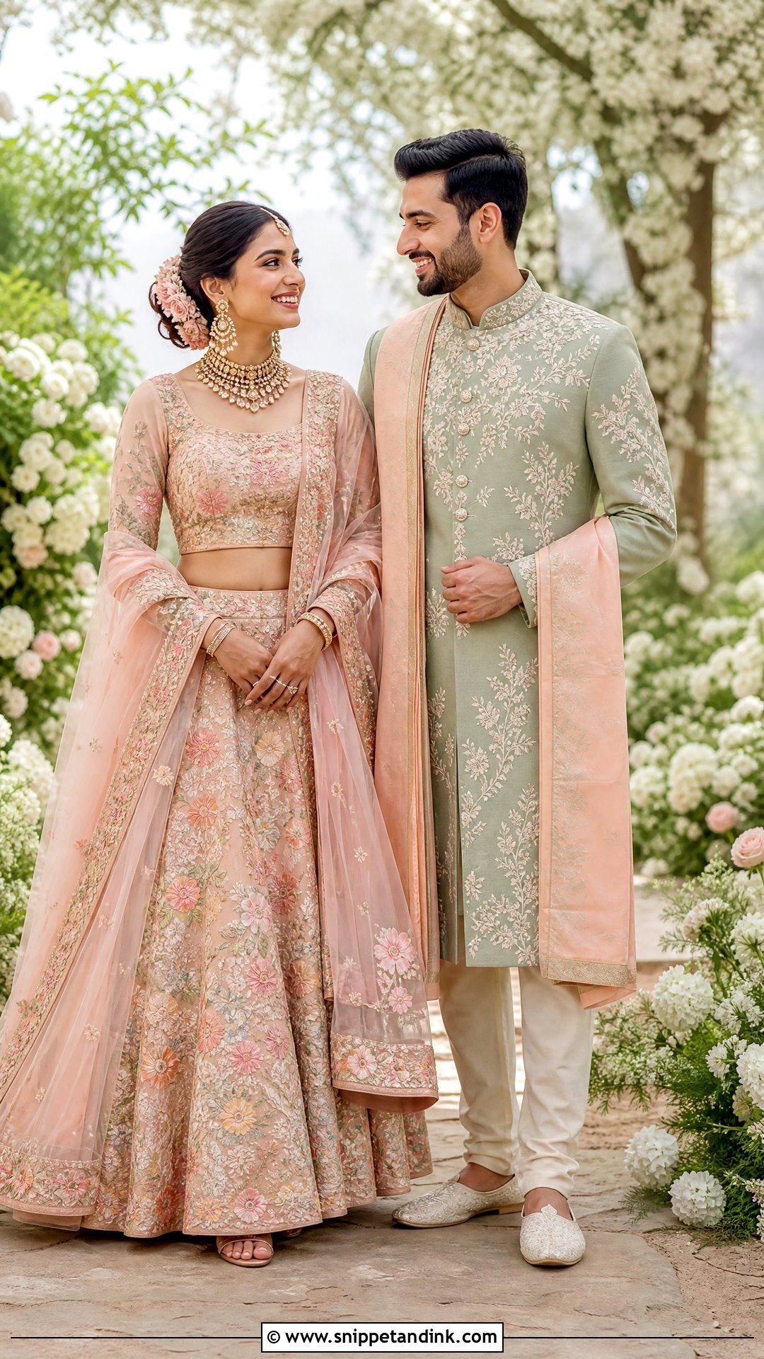 Peach Bridal Lehenga And Sage Green Sherwani Couple Outfit - Snippet and Ink - 20 Indian Bridal Couple Dress Ideas