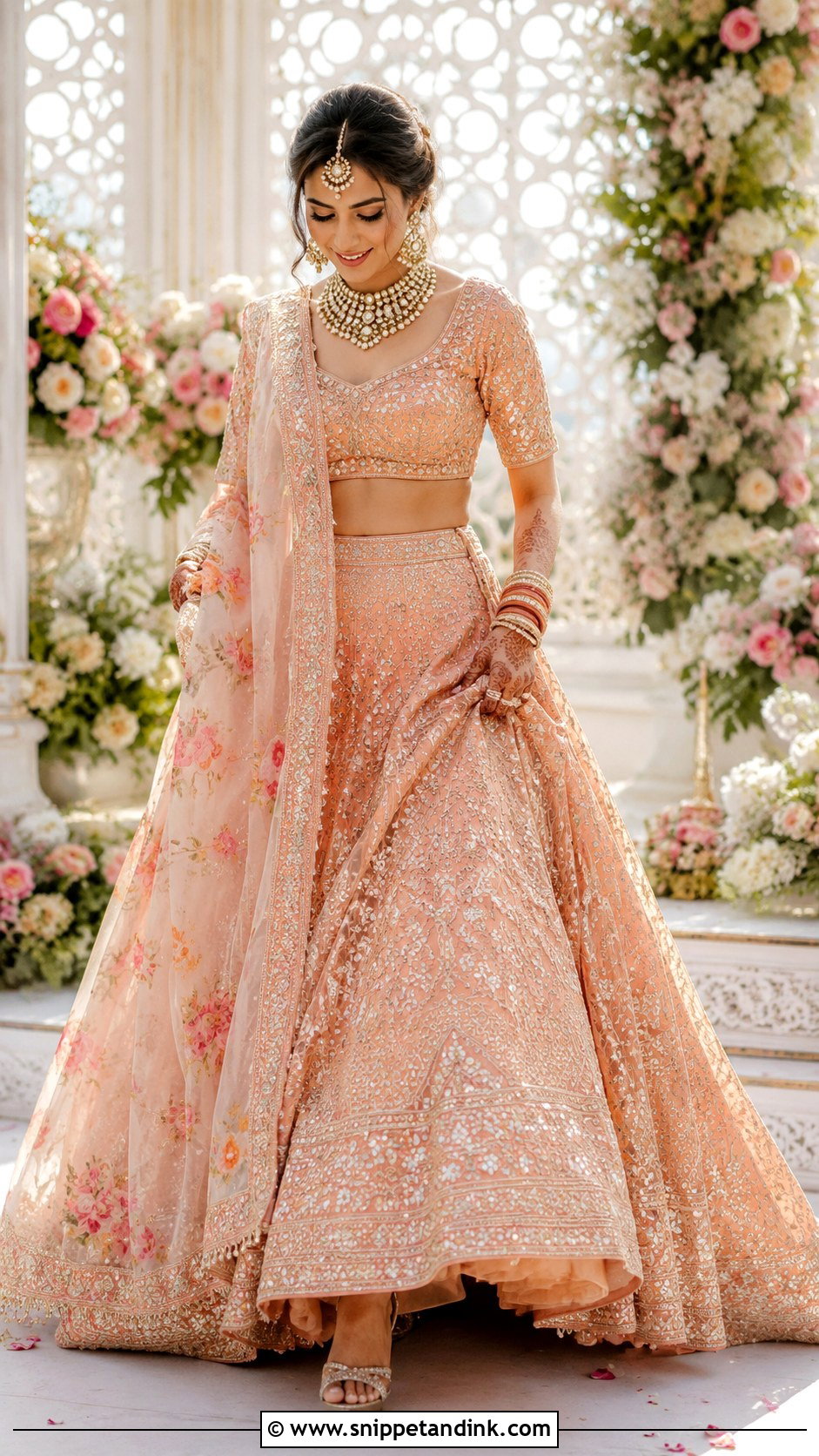 Peach Bridal Lehenga With Floral Dupatta - Snippet and Ink - 25 Indian Weddings Bridal Lehnga Dress Ideas