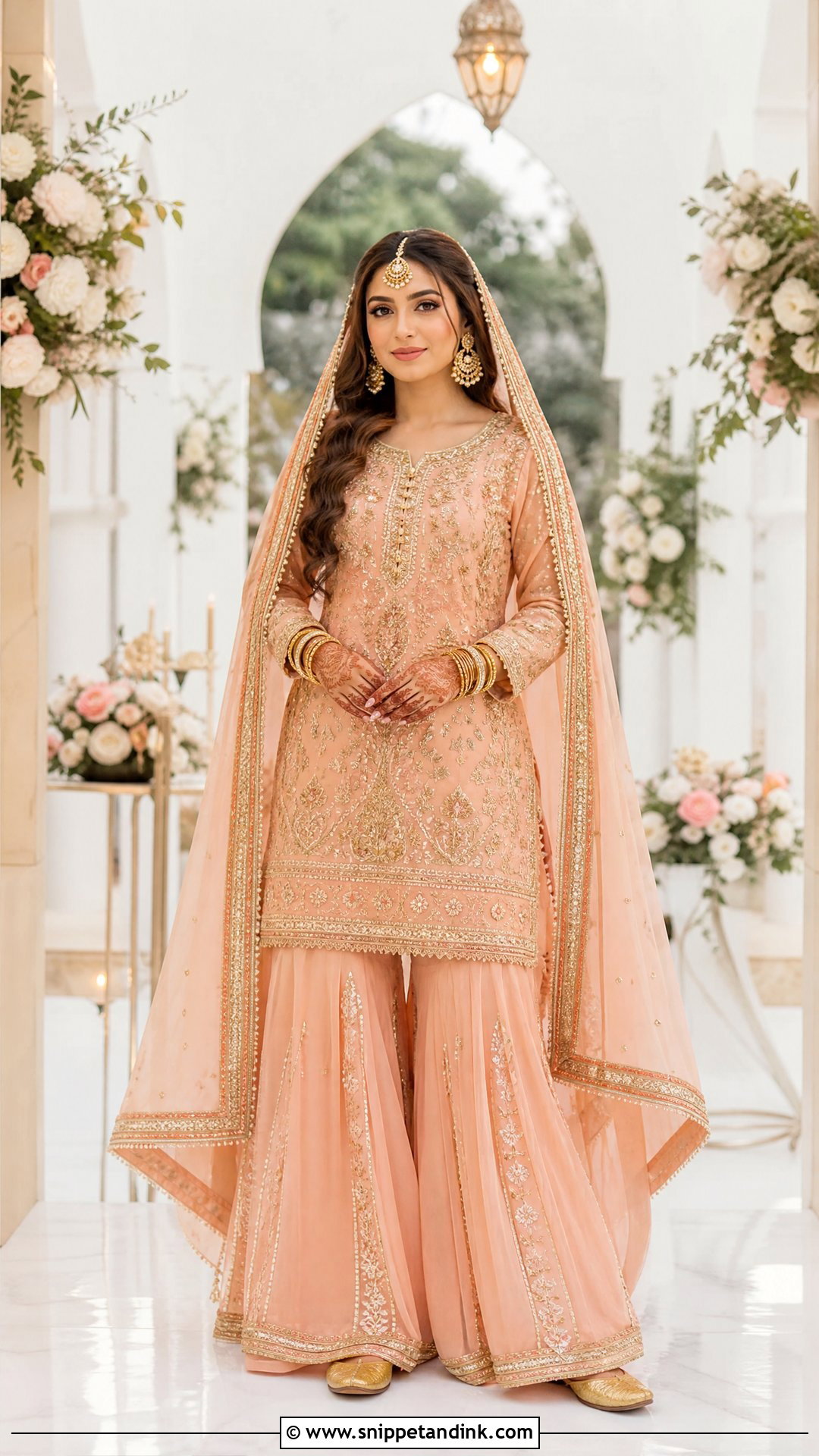 Peach Bridal Sharara With Short Kurti - Snippet and Ink - 25 Latest Bridal Dresses Pakistan