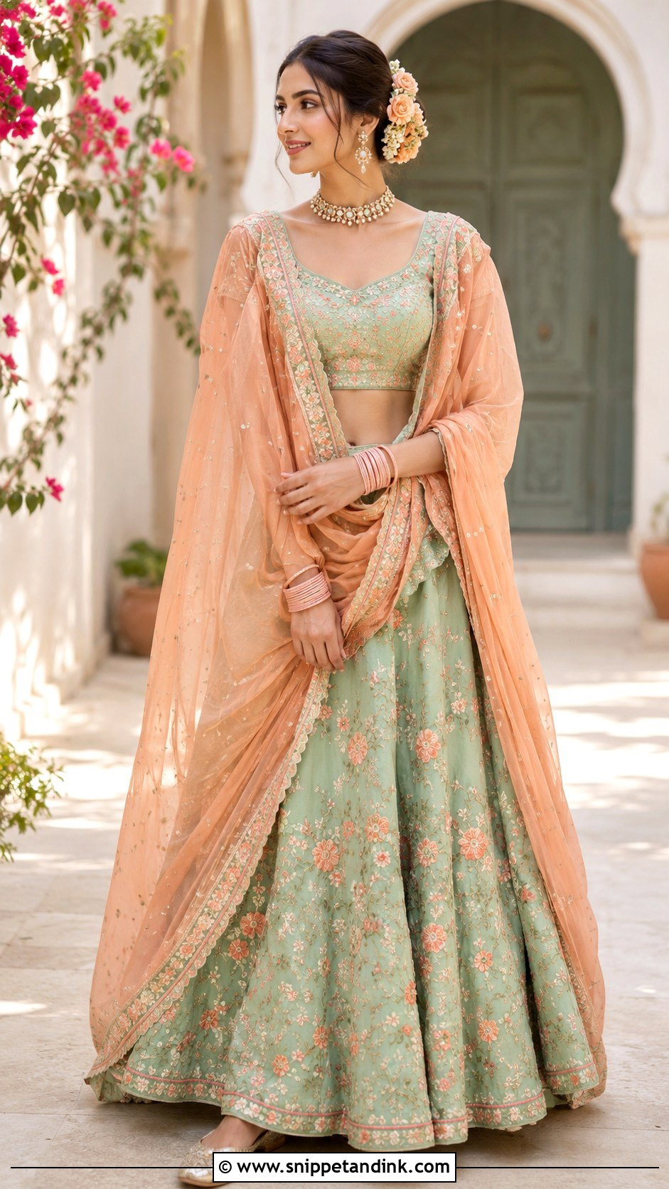 Peach Chundadi With Mint Green Lehenga - Snippet and Ink - 20 Chundadi Design for Marriage Ideas
