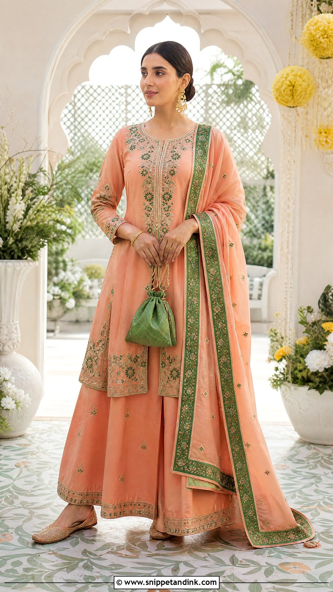 Peach Embroidered Palazzo Set for Mehndi - Snippet and Ink - 25 Dresses for Mehndi Function