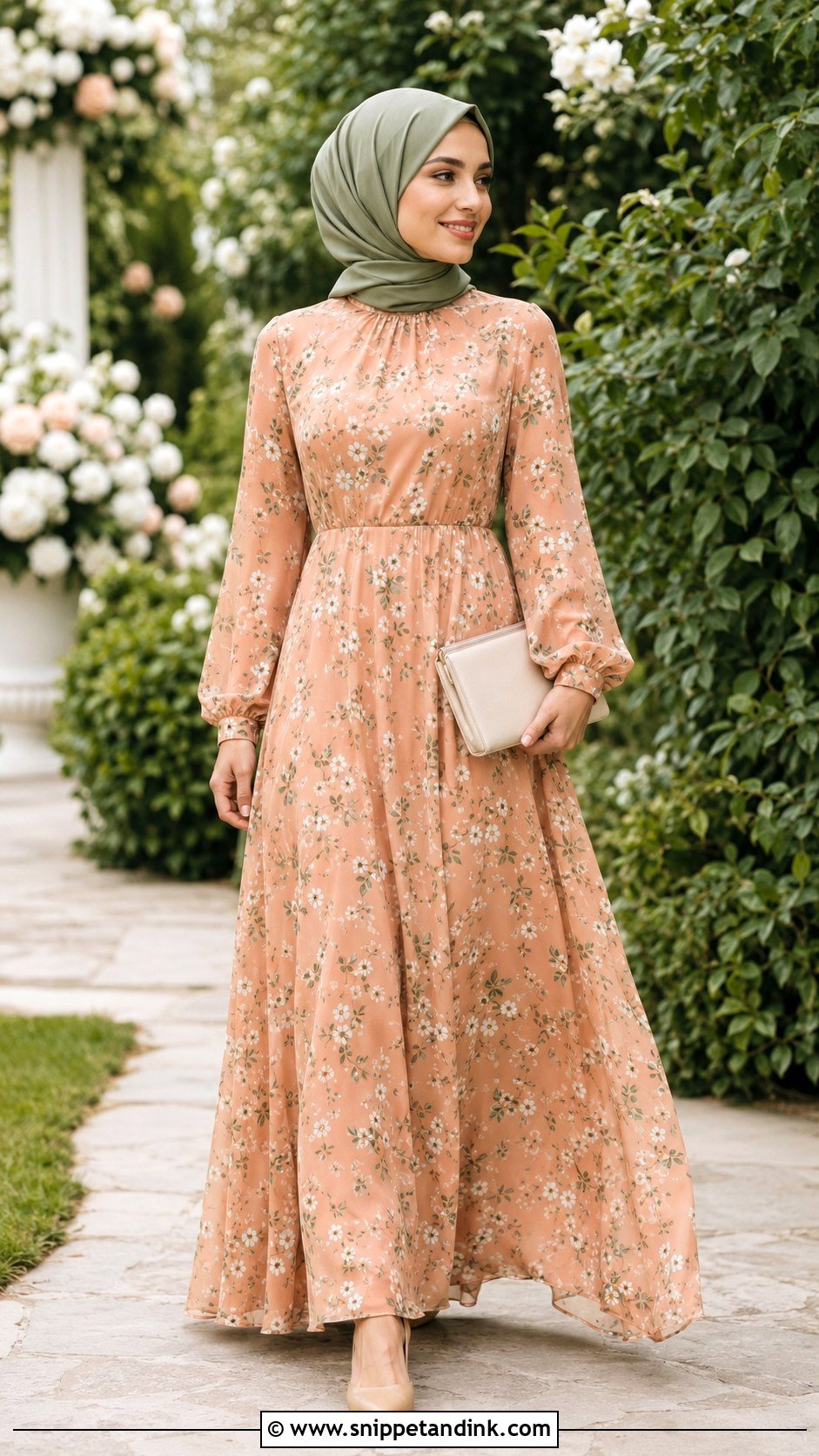 Peach Floral Bridesmaid Hijab Dress - Snippet and Ink - 20 Dress Braidsmaid Hijab Ideas