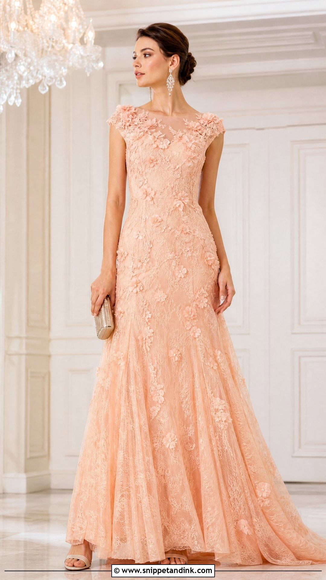 Peach Floral Lace Gown Outfit - Snippet and Ink - 20 Peach Lace Styles for Wedding