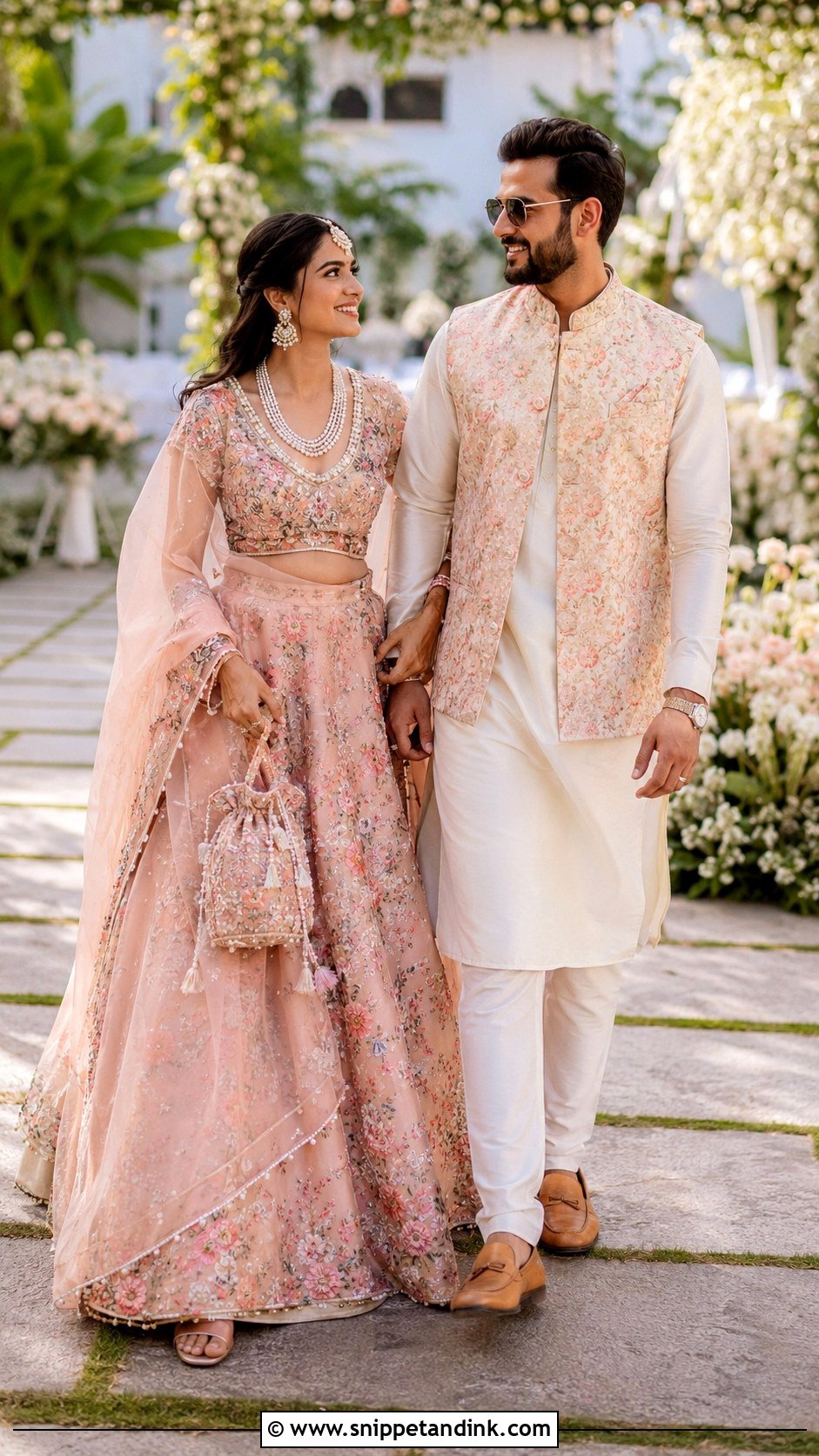 Peach Floral Lehenga And Ivory Kurta Outfit - Snippet and Ink - 20 Indian Couple Wedding Outfit Ideas