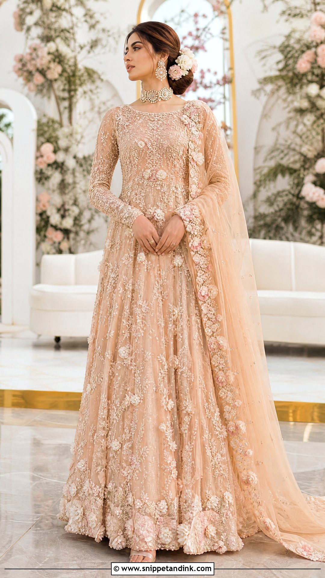 Peach Floral Pakistani Bridal Walima Maxi - Snippet and Ink - 20 Pakistani Bridal Walima Maxi Ideas