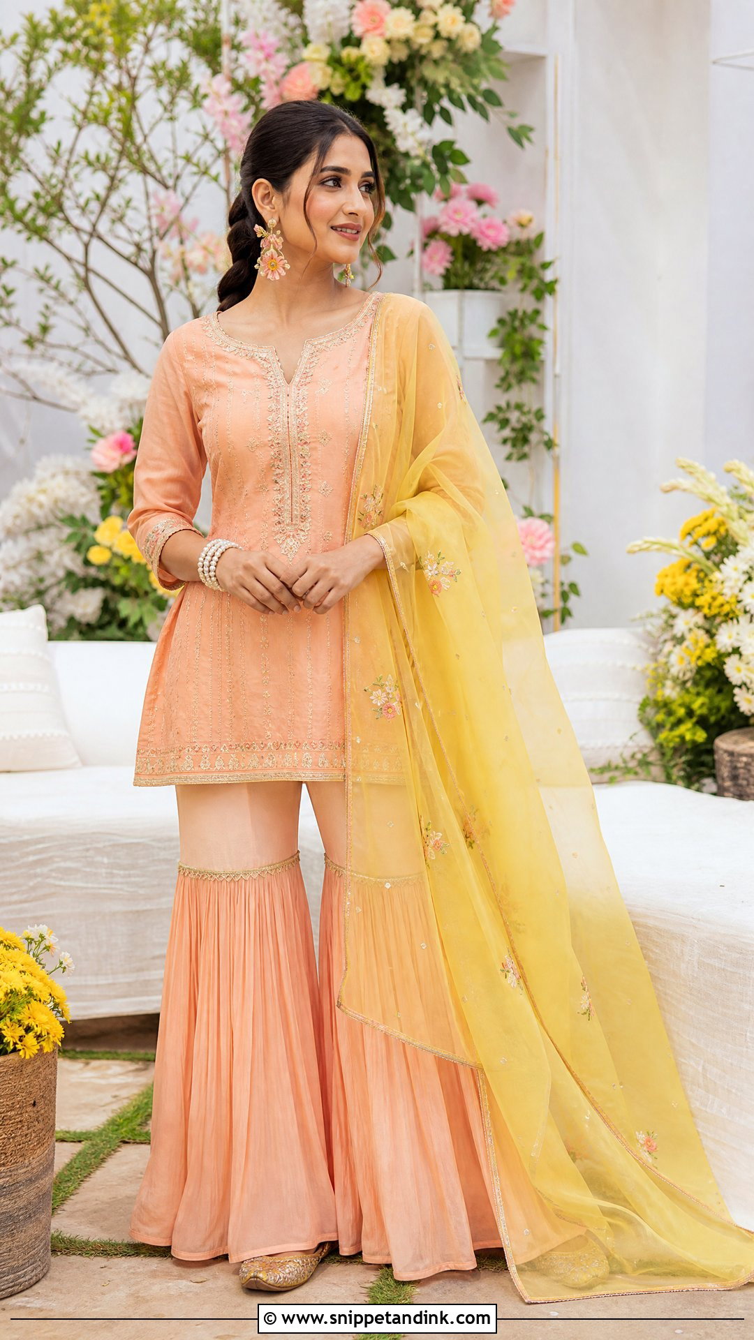 Peach Gharara Haldi Outfit - Snippet and Ink - 20 Simple Haldi Ceremony Outfit for Sister Ideas