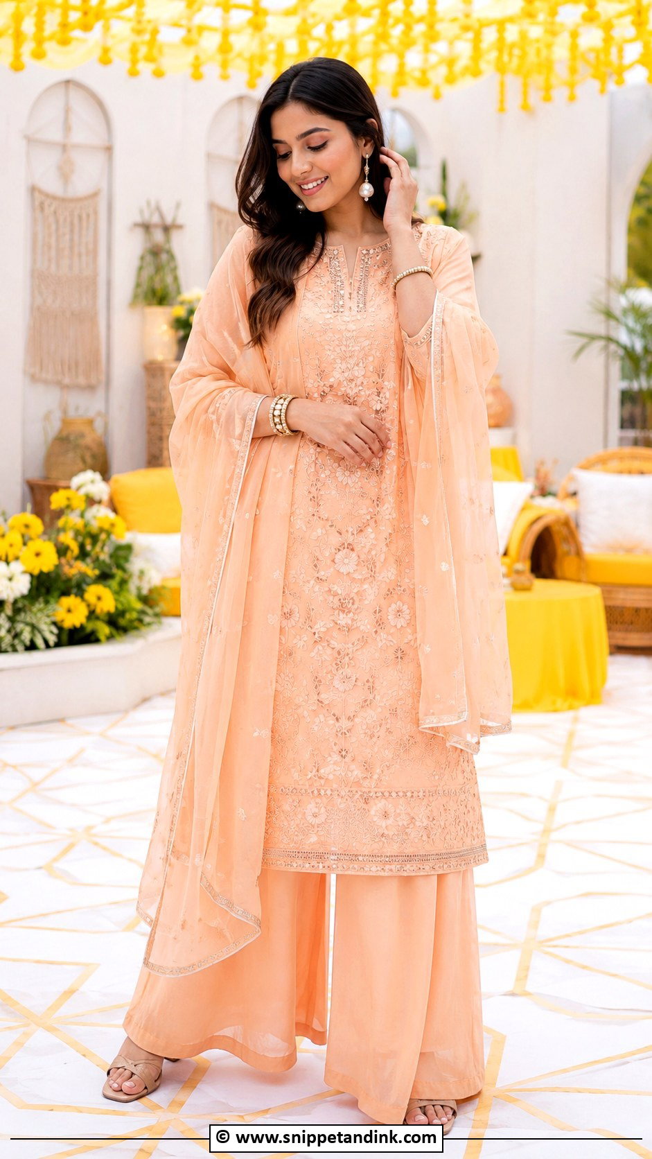 Peach Haldi Kurta Palazzo Set - Snippet and Ink - 35 Unique Haldi Outfits
