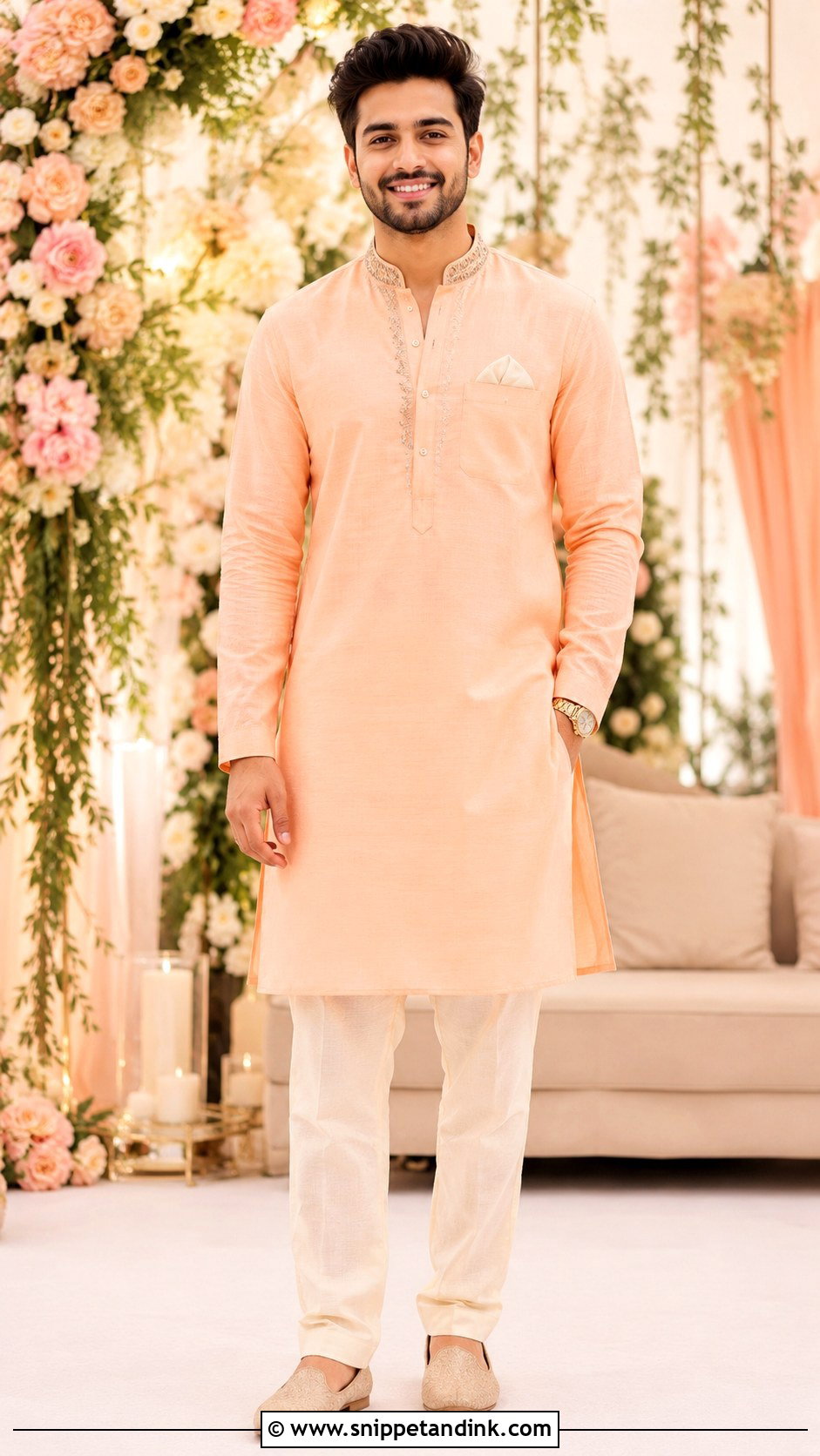 Peach Haldi Kurta With Cream Pajama - Snippet and Ink - 20 Haldi Outfit for Bride Brother Ideas