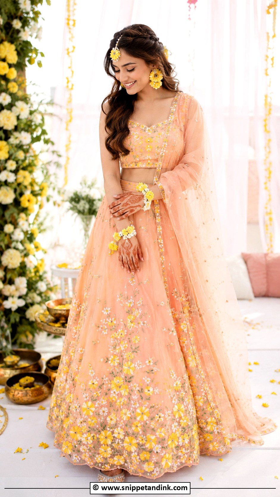 Peach Haldi Outfit - Snippet and Ink - 30 Unique Haldi Ceremony Outfit for Bride Ideas