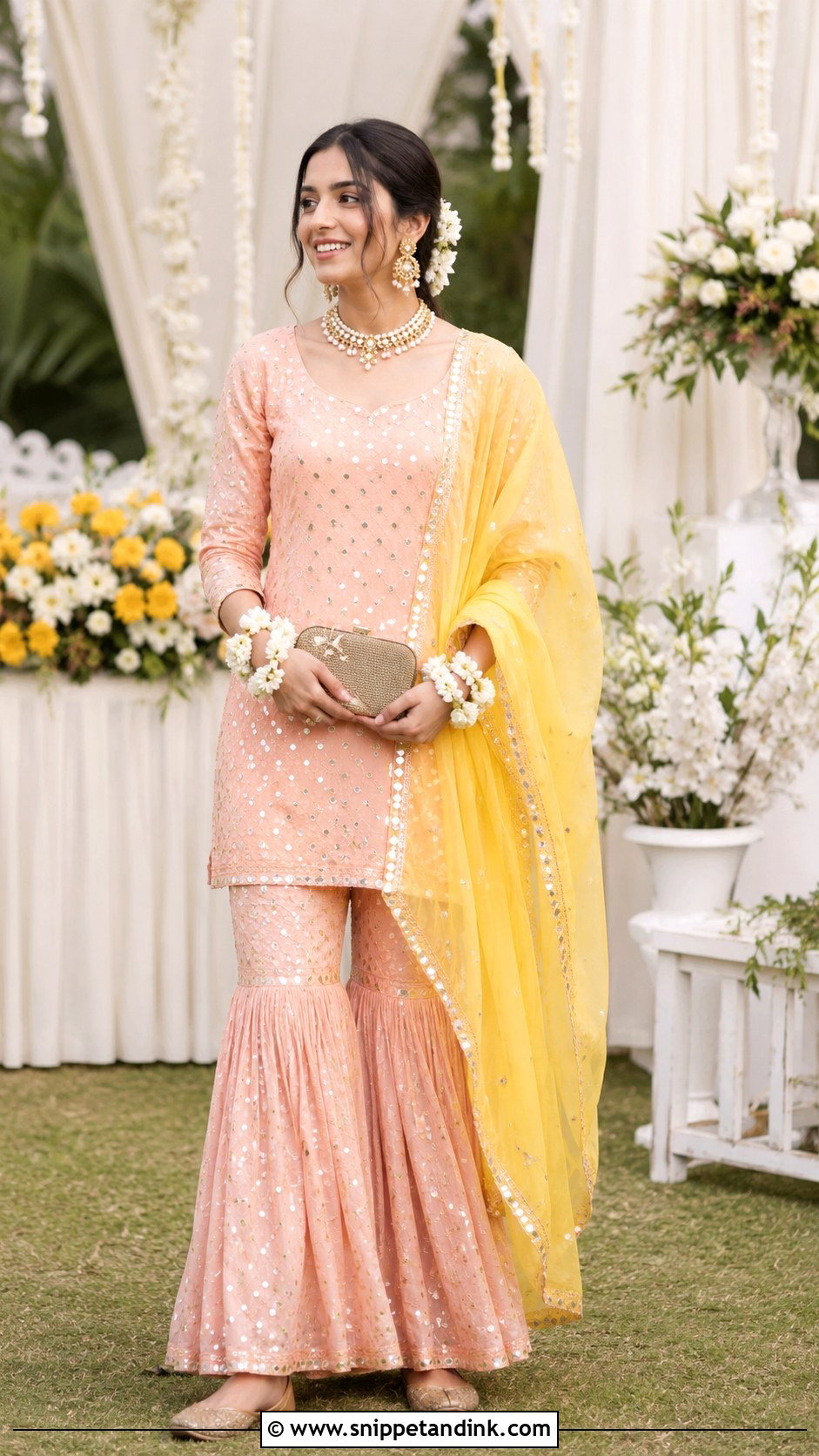 Peach Haldi Outfit - Snippet and Ink - 25 Wedding Haldi Outfit Ideas