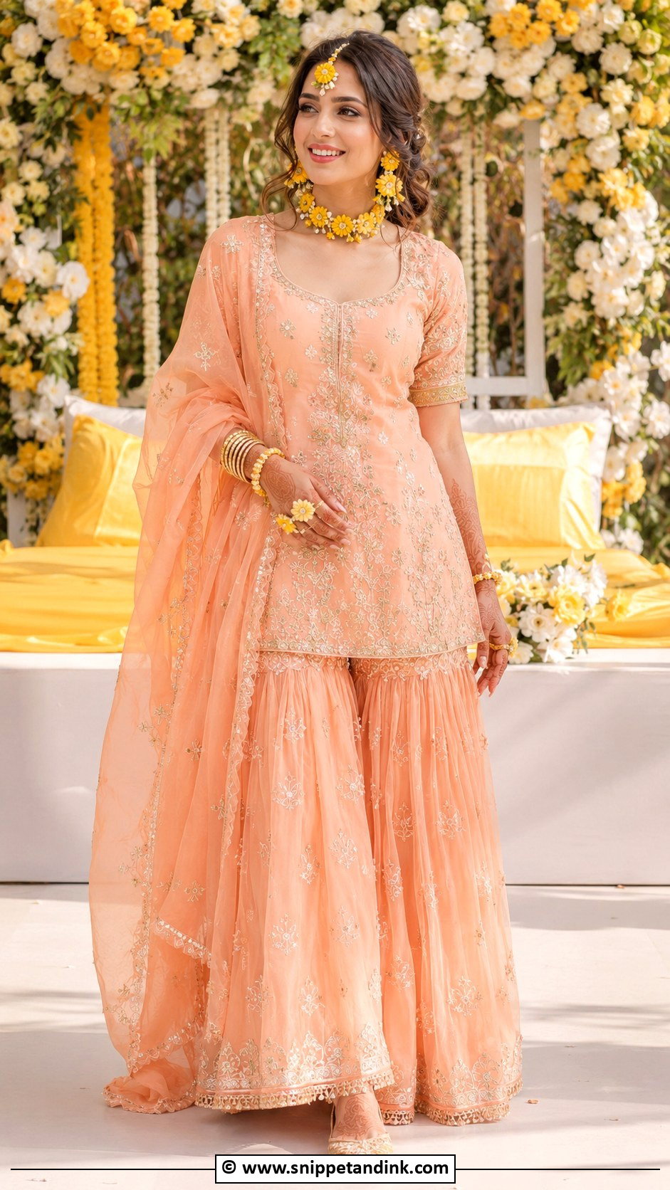 Peach Haldi Outfit For Bride - Snippet and Ink - 30 Best Haldi Outfits for Brides