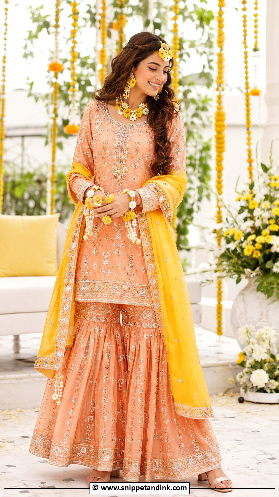 Peach Haldi Sharara For Bride - Snippet and Ink - 30 Haldi Outfit Ideas for Bride