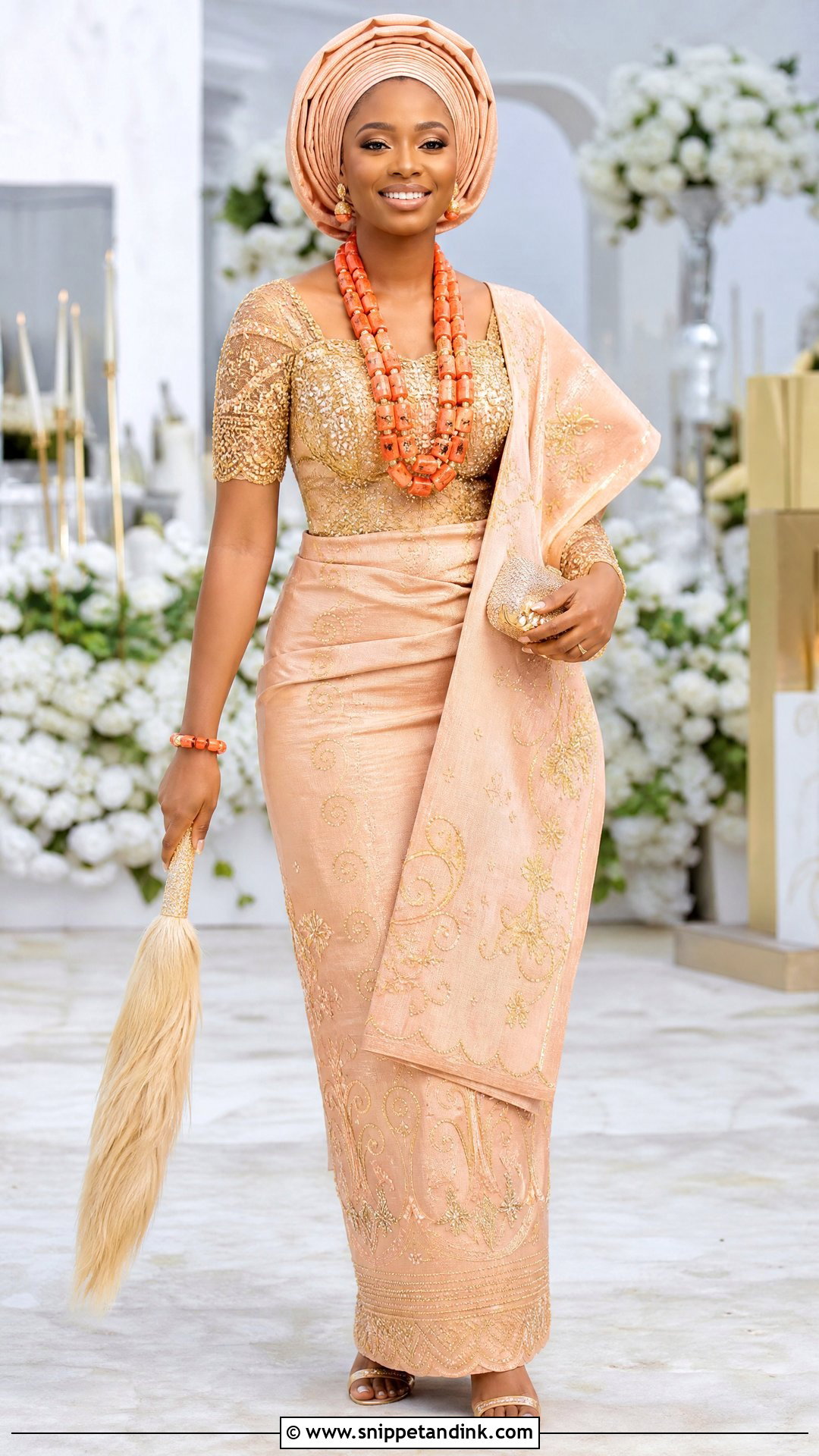 Peach Igbo Beaded Blouse And Wrapper - Snippet and Ink - 20 Traditional Igbo Nigerian Wedding Dresses