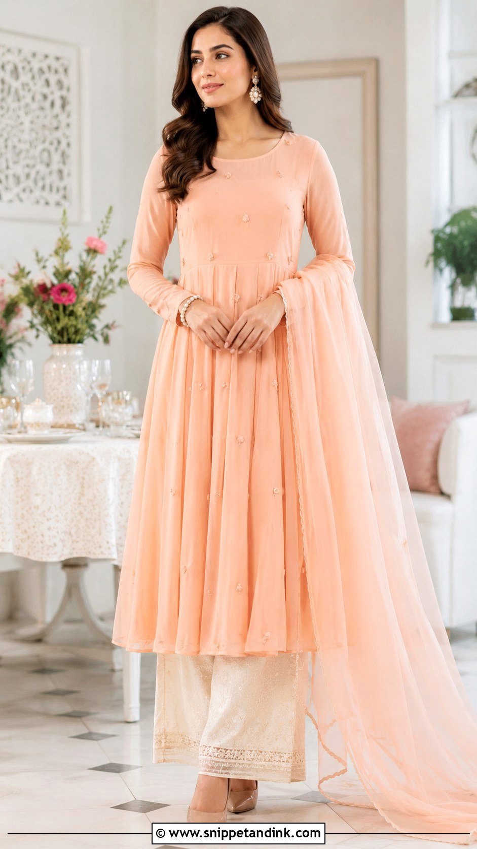 Peach Kaliyan Wala Frock Suit With Chiffon Dupatta - Snippet and Ink - 25 Kaliyan Wala Frock Suit Ideas