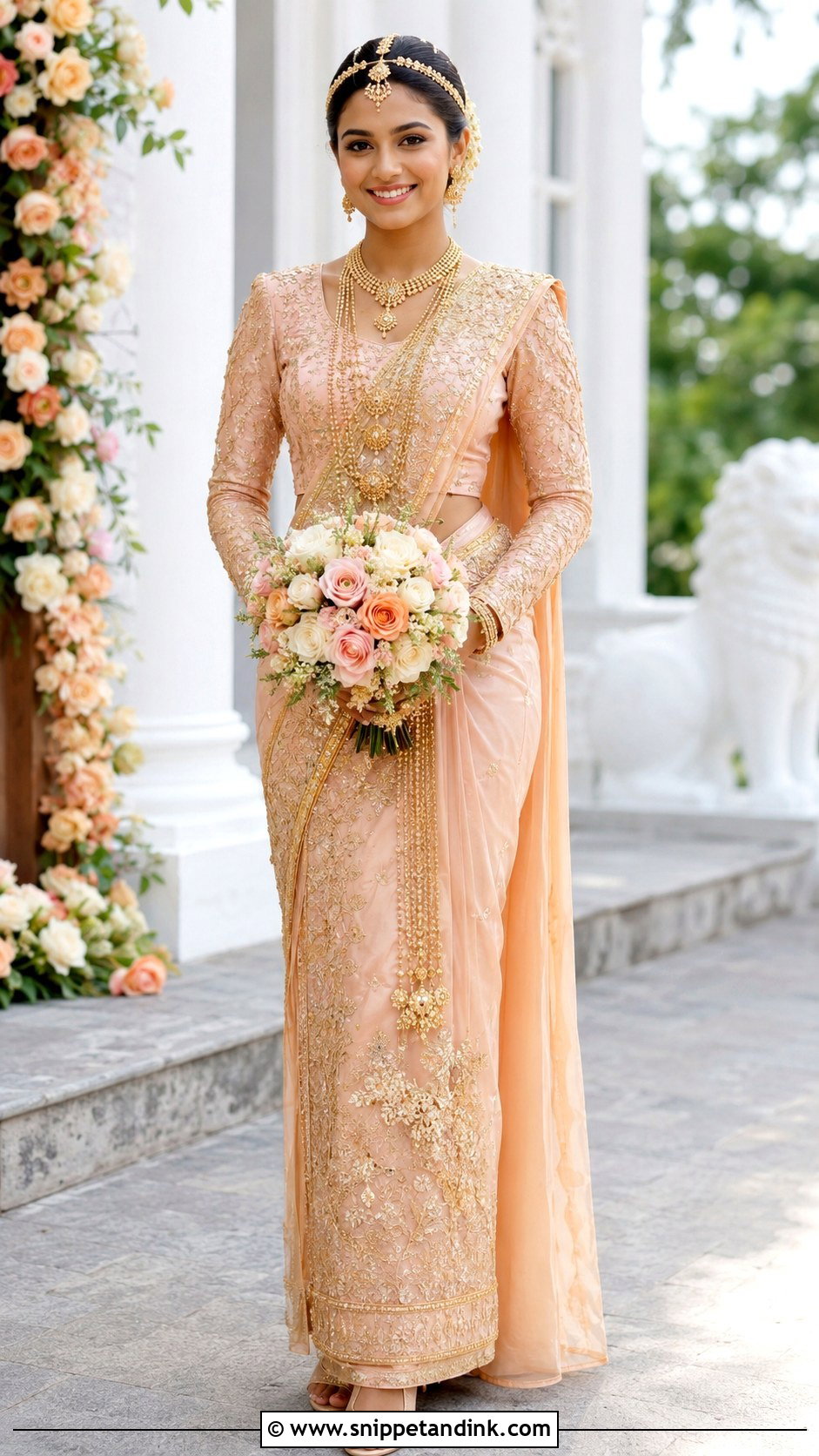 Peach Kandyan Bride With Gold Embroidery - Snippet and Ink - 20 Kandian Bride Ideas