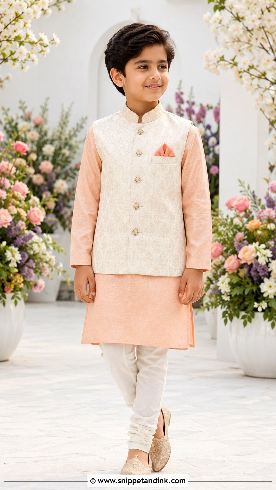 Peach Kurta Pajama With Cream Jacket - Snippet and Ink - 20 Kurta for Boys Wedding Ideas