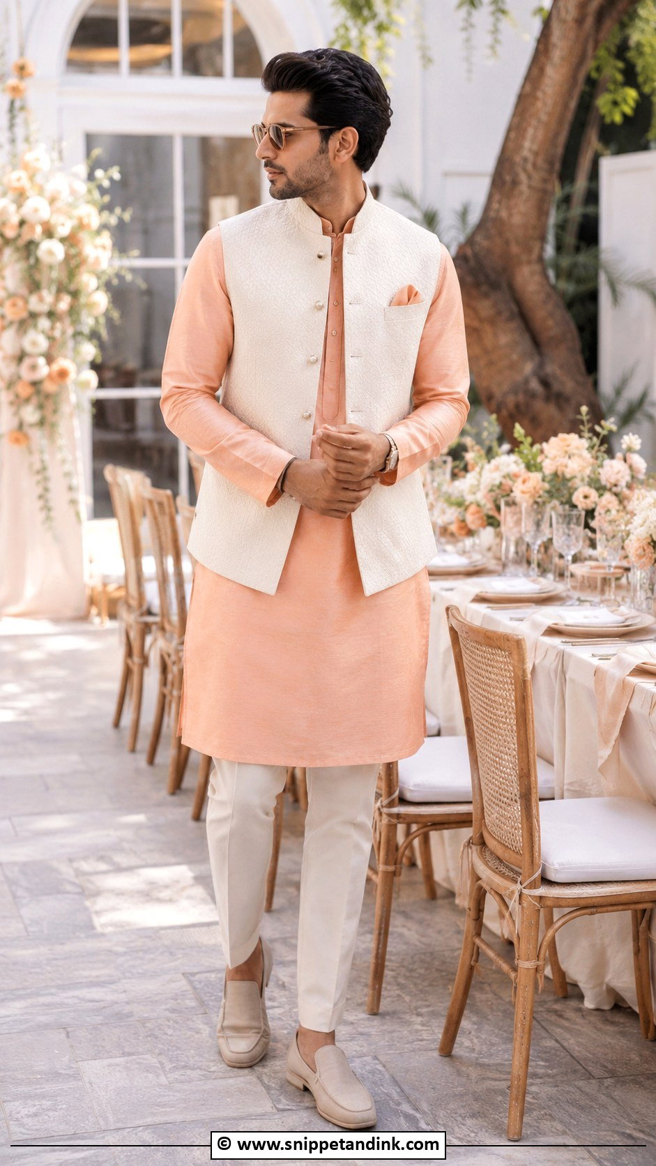 Peach Kurta With Ivory Jacket - Snippet and Ink - 25 Indian Bride's Father Outfit Ideas