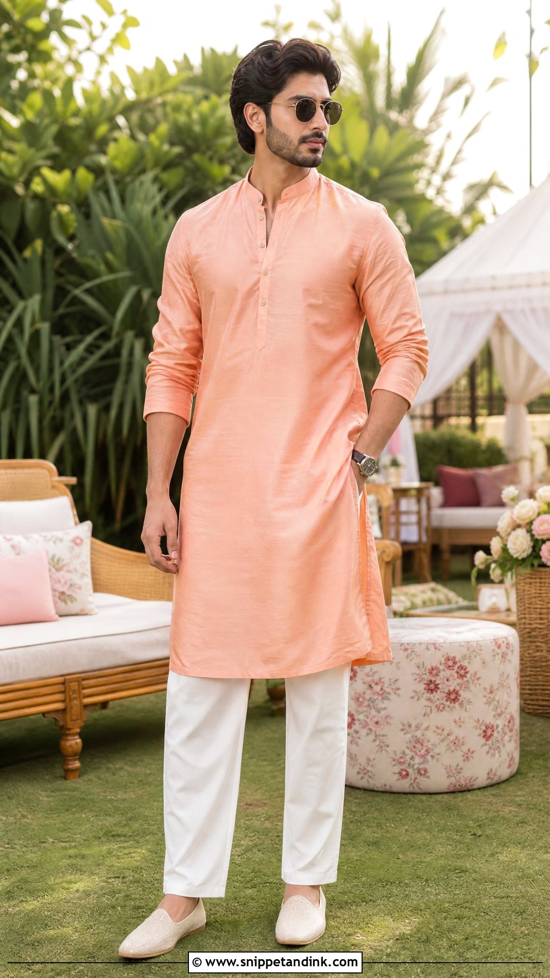 Peach Kurta With White Pants - Snippet and Ink - 25 Indian Bride Brother Outfit Ideas