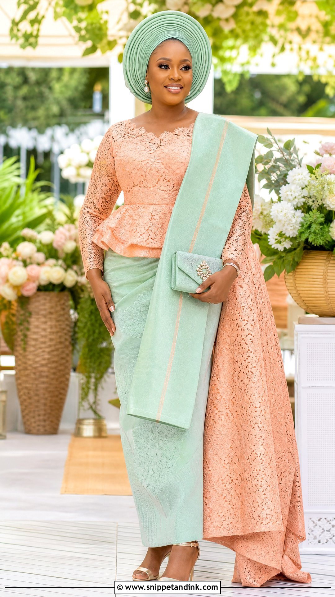 Peach Lace And Mint Aso Oke Outfit - Snippet and Ink - 20 Yoruba Introduction Outfit Ideas