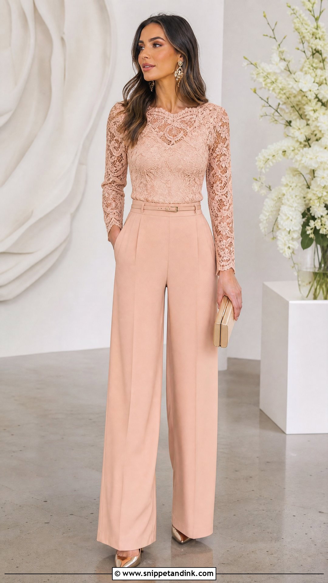 Peach Lace Blouse And Wide Leg Trousers Outfit - Snippet and Ink - 20 Peach Lace Styles for Wedding