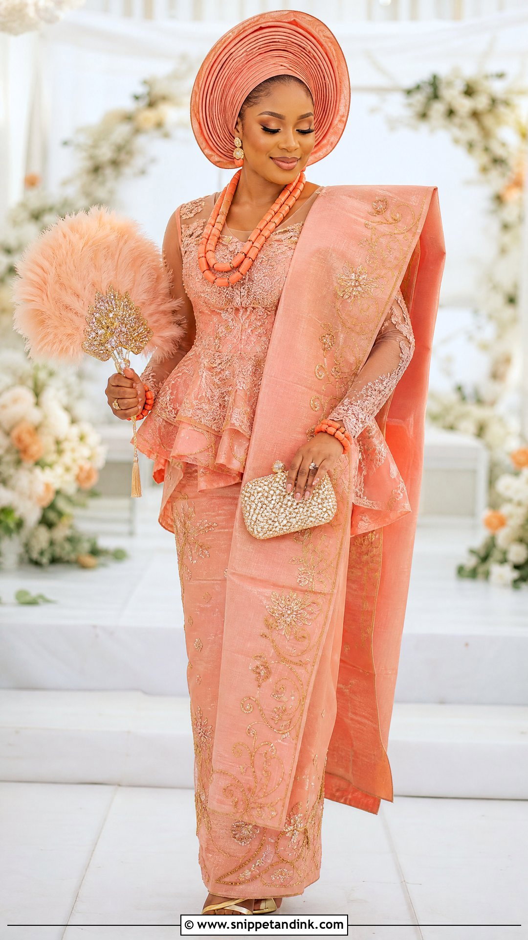 Peach Lace Urhobo Bride Outfit - Snippet and Ink - 20 Urhobo Bride Ideas