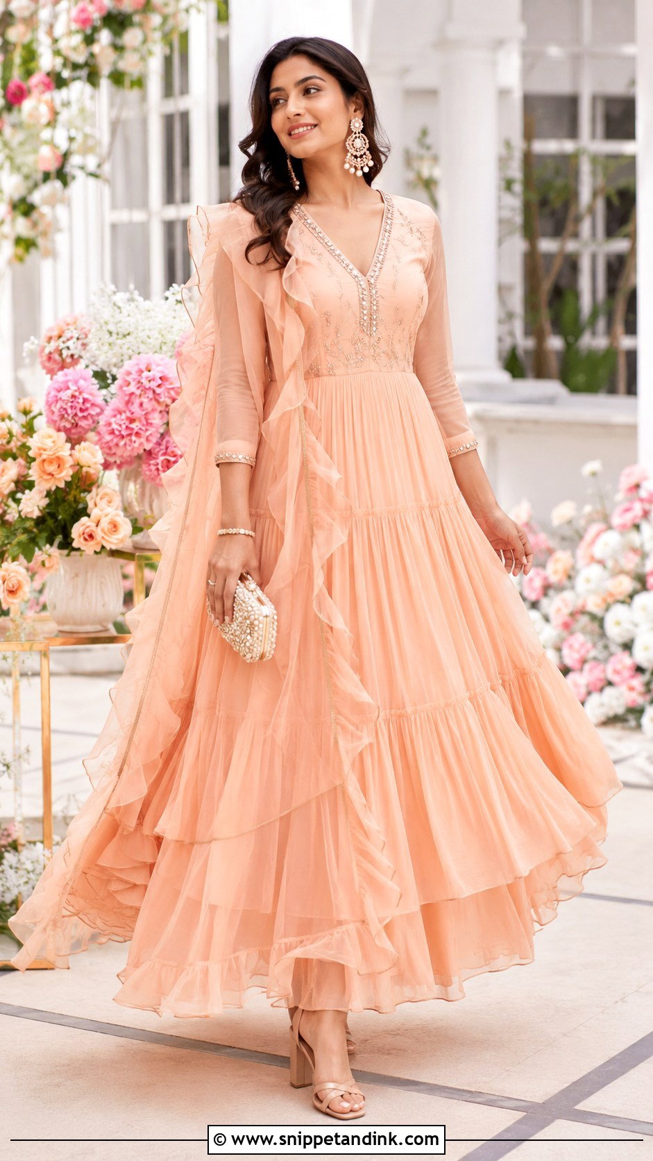 Peach Layered Anarkali With Ruffle Dupatta - Snippet and Ink - 20 Anarkali Dress with Dupatta Ideas