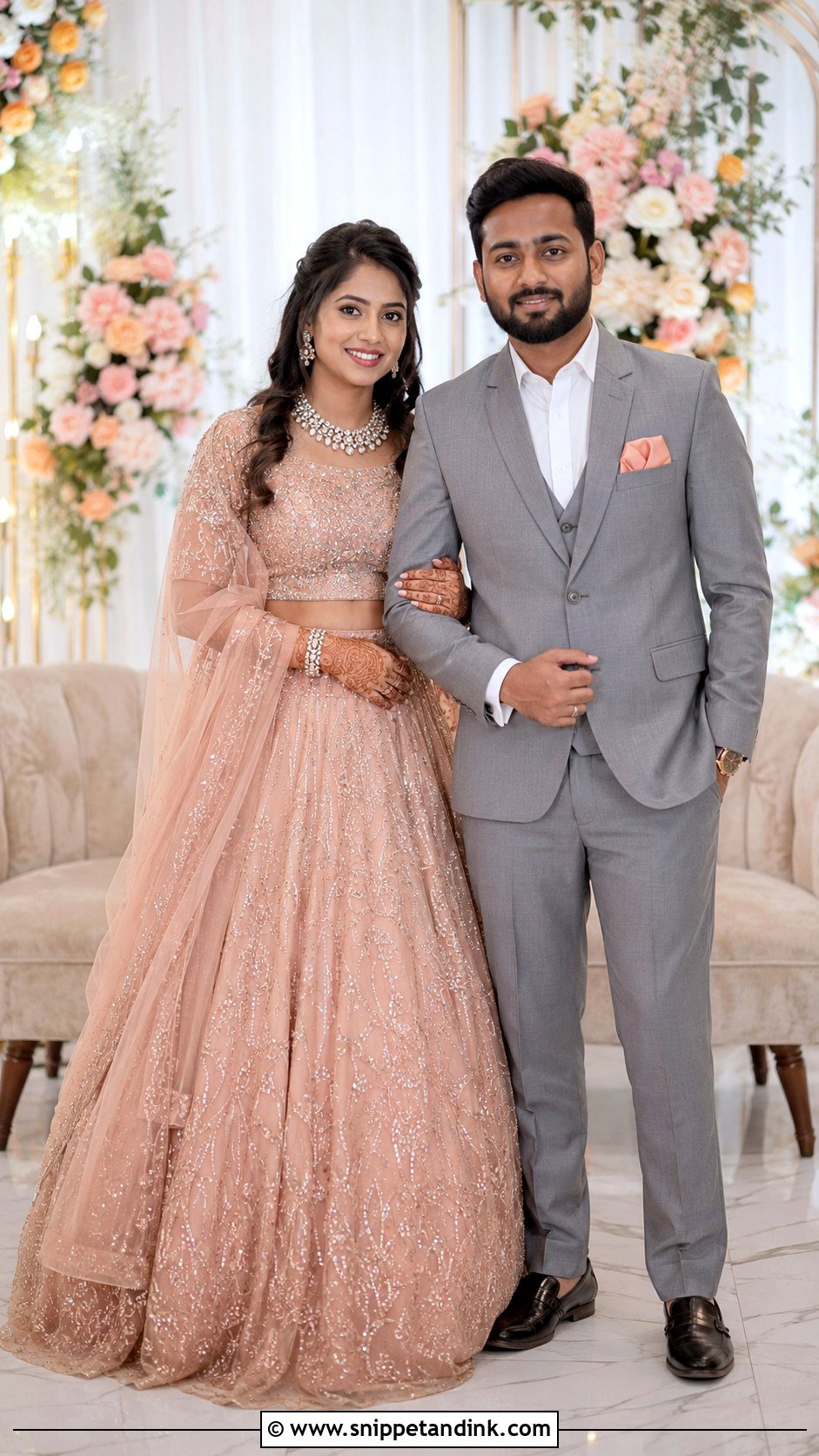 Peach Lehenga And Grey Suit - Snippet and Ink - 25 Indian Couple Ring Ceremony Dress Ideas