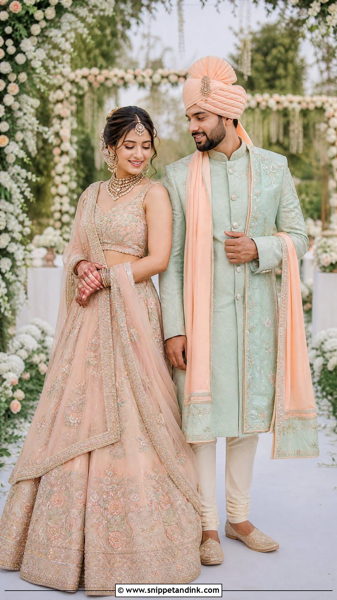 Peach Lehenga And Mint Green Sherwani - Snippet and Ink - 25 Indian Wedding Couple Dress Ideas