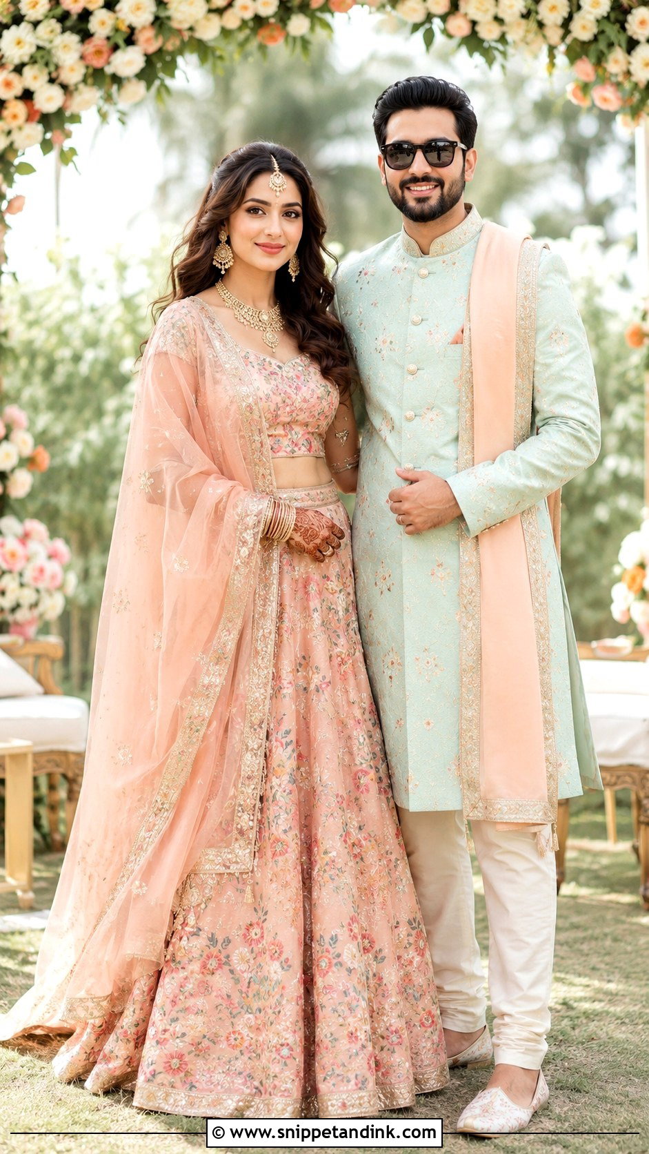 Peach Lehenga And Mint Sherwani Wedding Couple Dress Combination - Snippet and Ink - 25 Wedding Couple Dress Combination Ideas