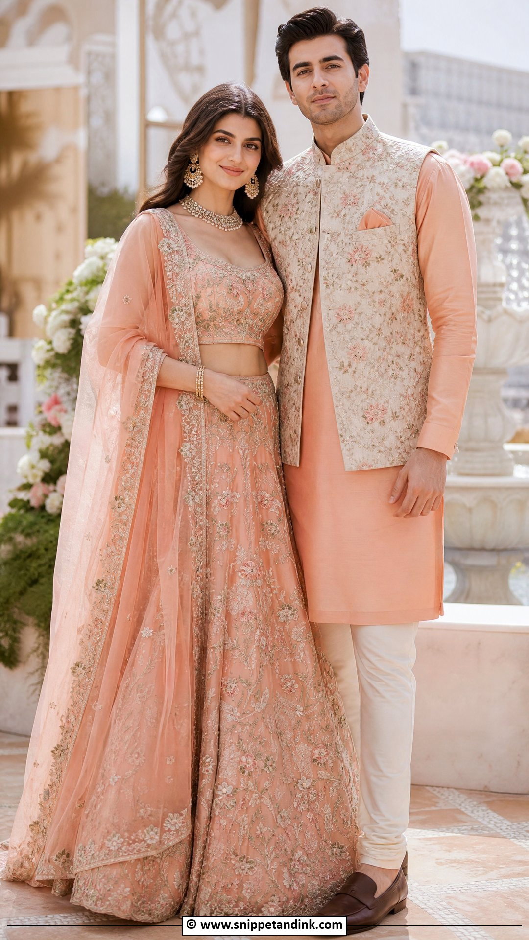 Peach Lehenga And Peach Kurta - Snippet and Ink - 35 Indian Couple Matching Dress Ideas