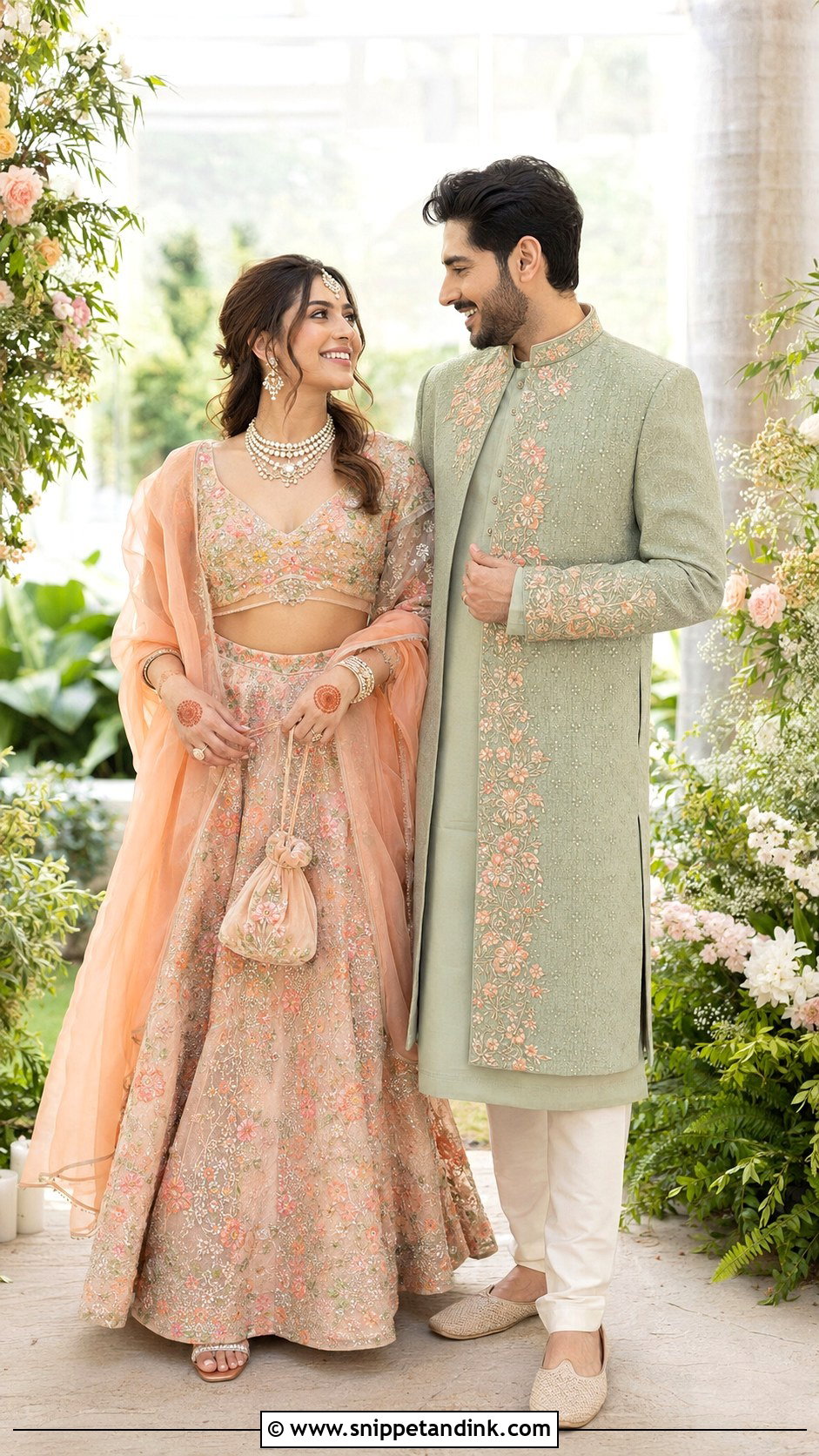 Peach Lehenga And Sage Green Sherwani - Snippet and Ink - 20 Couple Matching Dress Indian Wedding Ideas