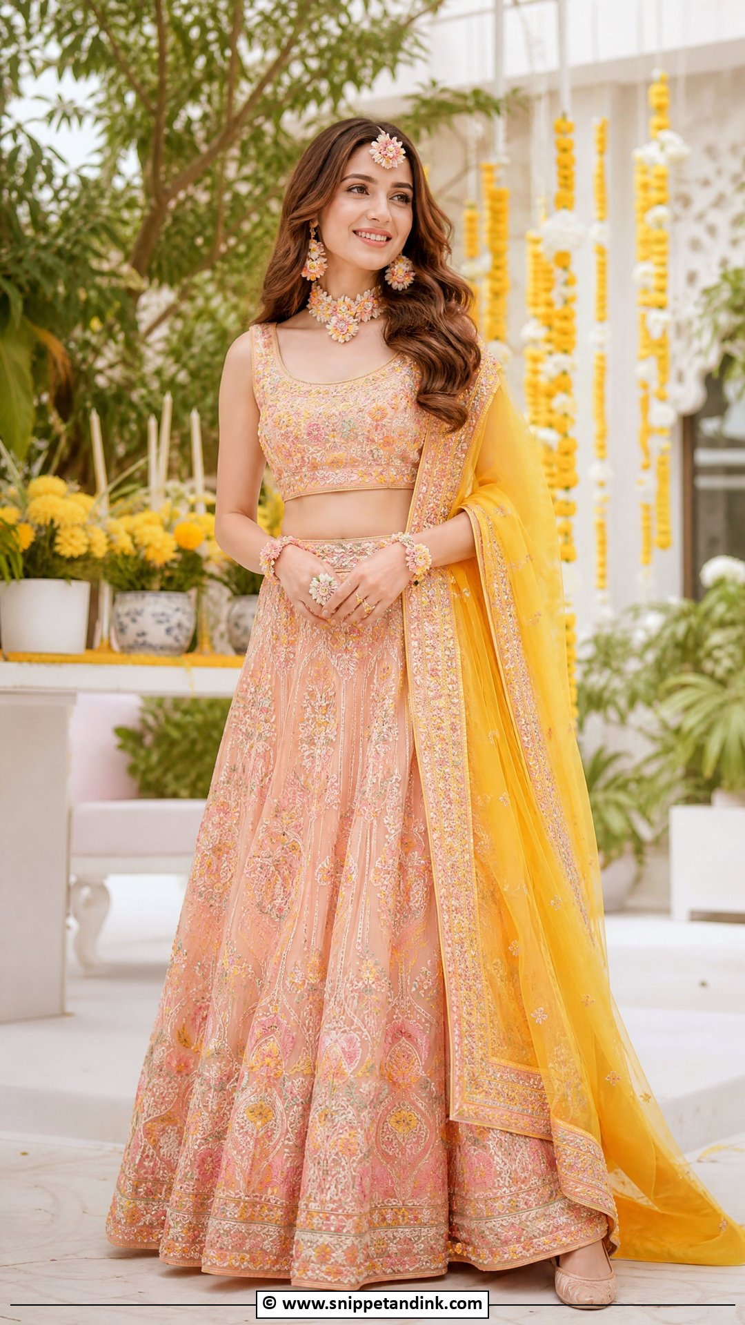 Peach Lehenga Haldi Outfit - Snippet and Ink - 35 Haldi Outfit Ideas